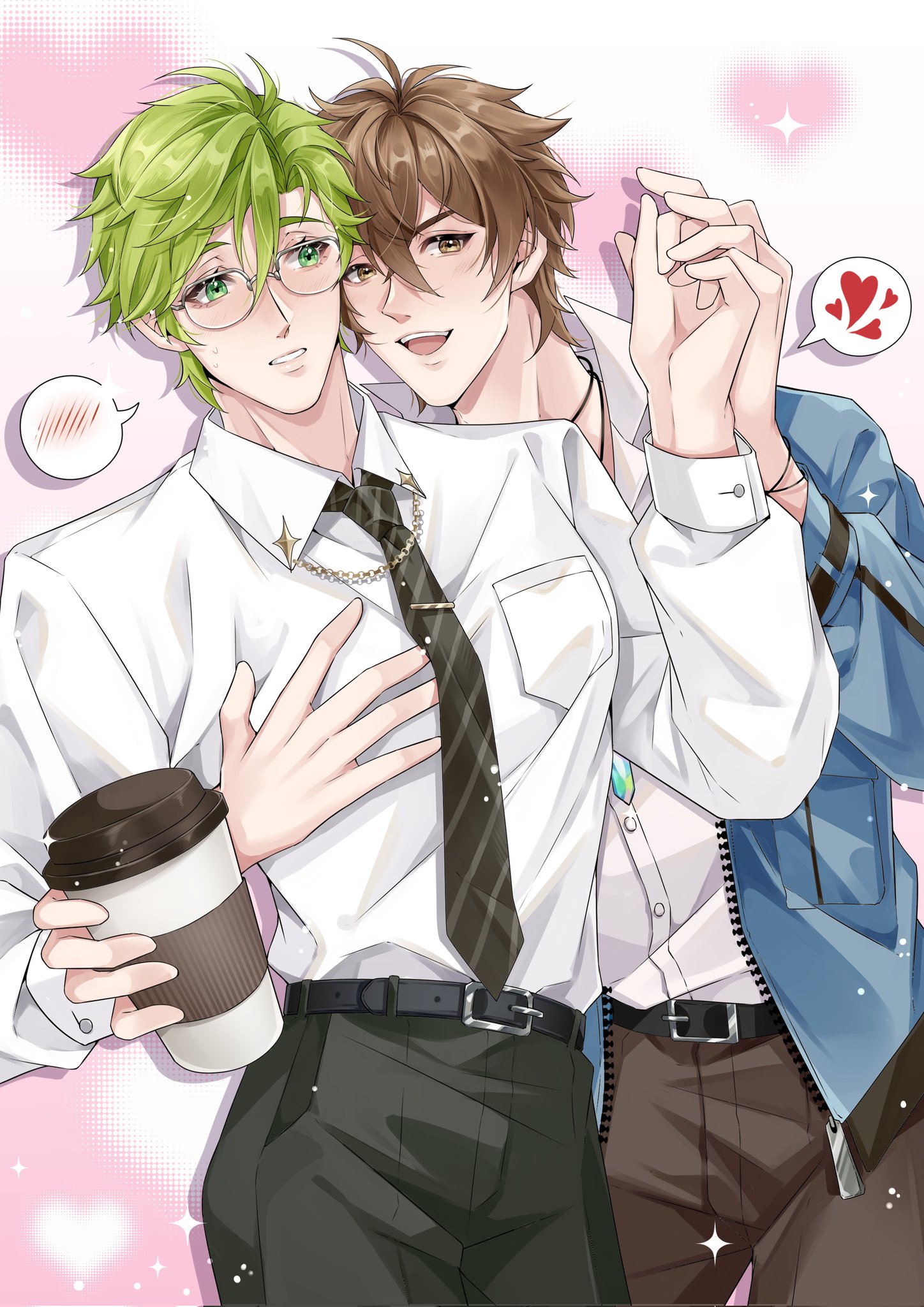 xun1948637, eiden (nu carnival), olivine (nu carnival), nu carnival, chinese commentary, commentary, highres, ahoge, belt, black belt, black necktie, black pants, brown hair, brown pants, cowboy shot, cup, disposable coffee cup, disposable cup, glasses, green eyes, green hair, hair between eyes, hand on another's chest, heart, holding, holding cup, holding hands, male focus, necktie, open mouth, pants, pinstripe necktie, short hair, smile, speech bubble, spoken blush, spoken heart, teeth, upper teeth only