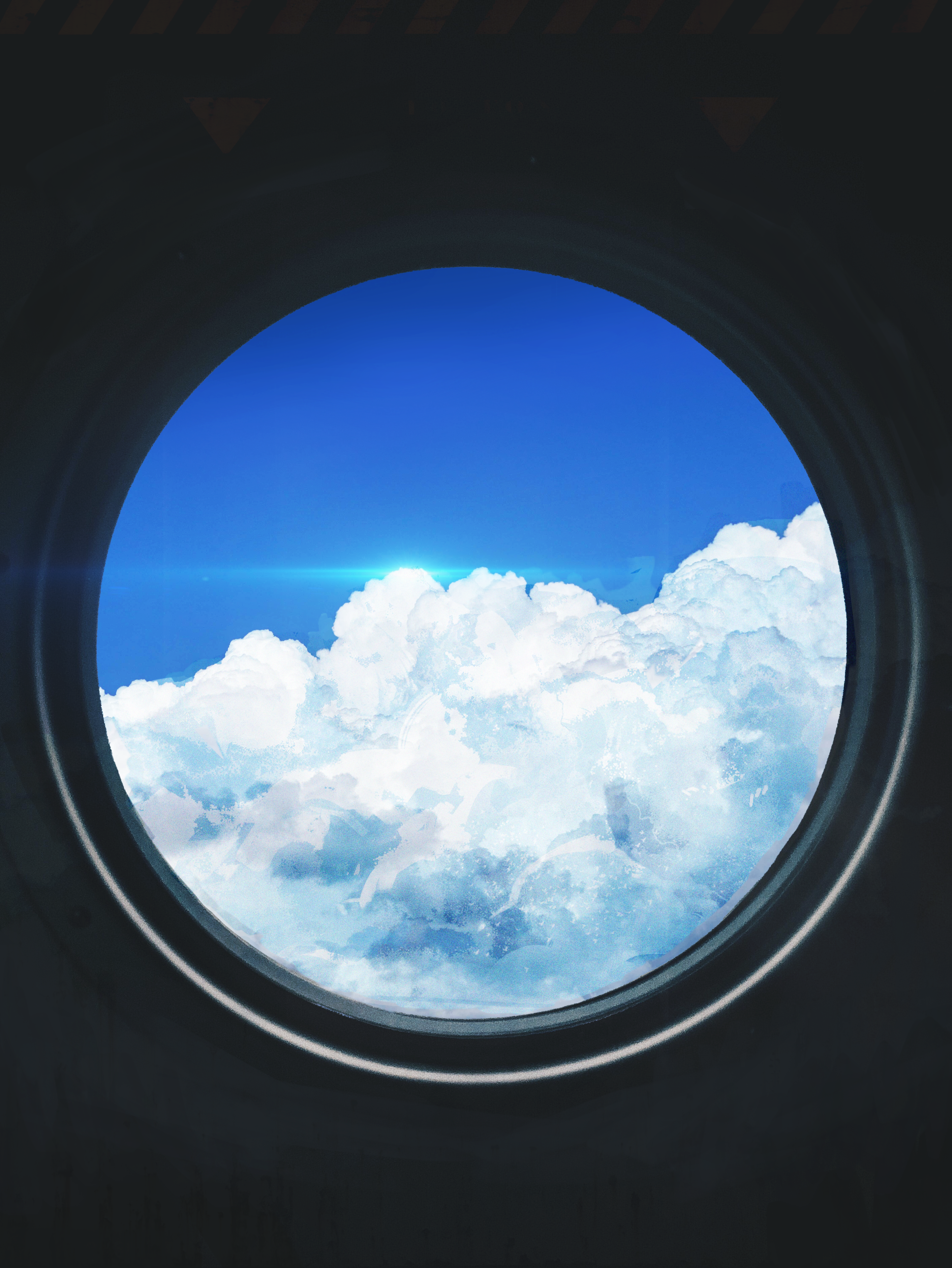 kinoko no sato, original, absurdres, commentary request, highres, blue sky, cloud, cloudy sky, no humans, round window, scenery, sky, sky focus, window