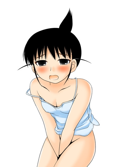 ogiue chika, genshiken, 00s, 1girl, blush, camisole, covering crotch, covering privates, female focus, lingerie, no panties, simple background, solo, thighs, topknot, underwear, white background