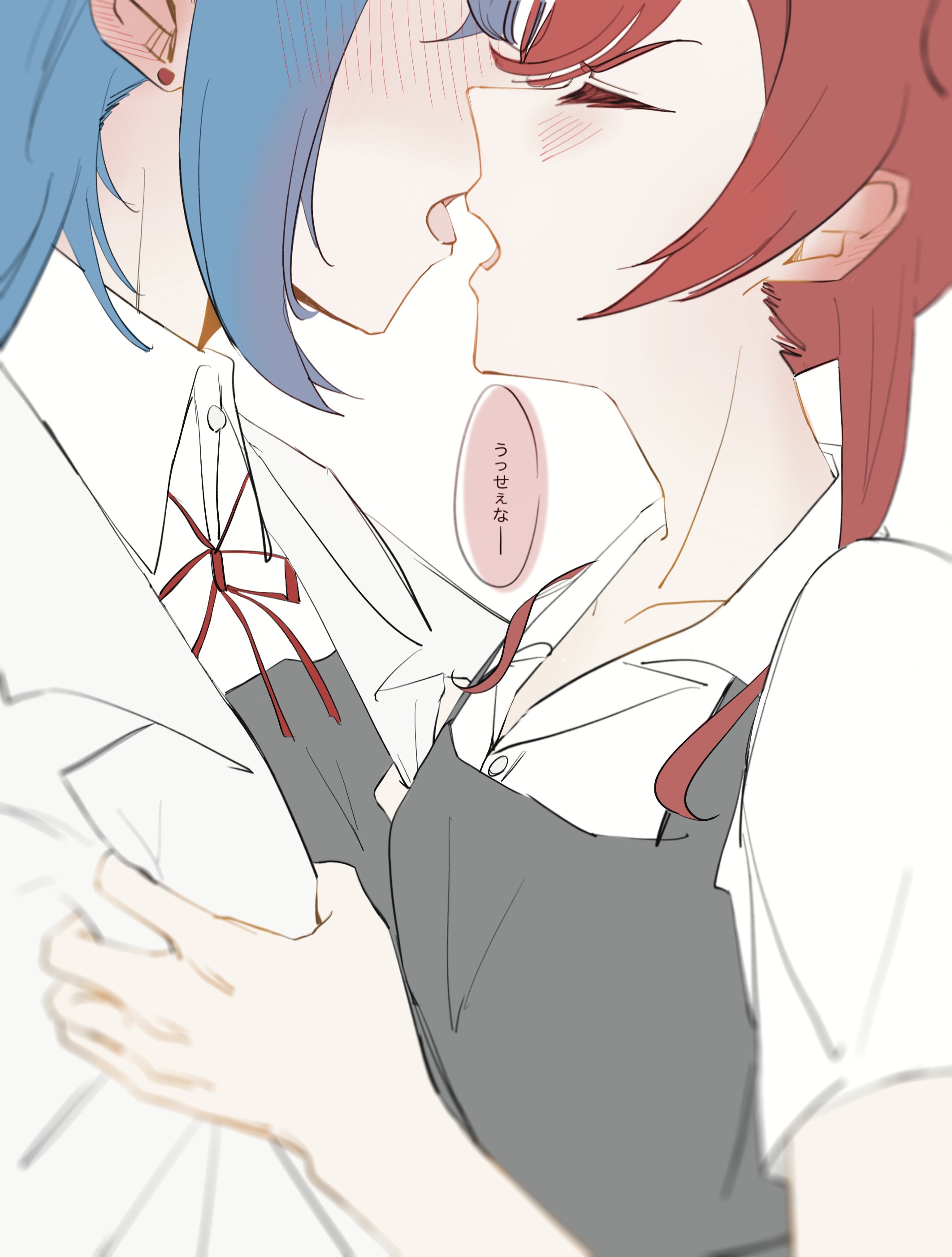 eiijiro 852, wakana shiki, yoneme mei, love live!, love live! superstar!!, absurdres, highres, translation request, 2girls, blue hair, blush, closed eyes, clothes grab, collared shirt, colored eyelashes, ear blush, lapels, multiple girls, neck ribbon, notched lapels, open mouth, red hair, red ribbon, ribbon, school uniform, shirt, short hair with long locks, short sleeves, white background, yuigaoka school uniform, yuri