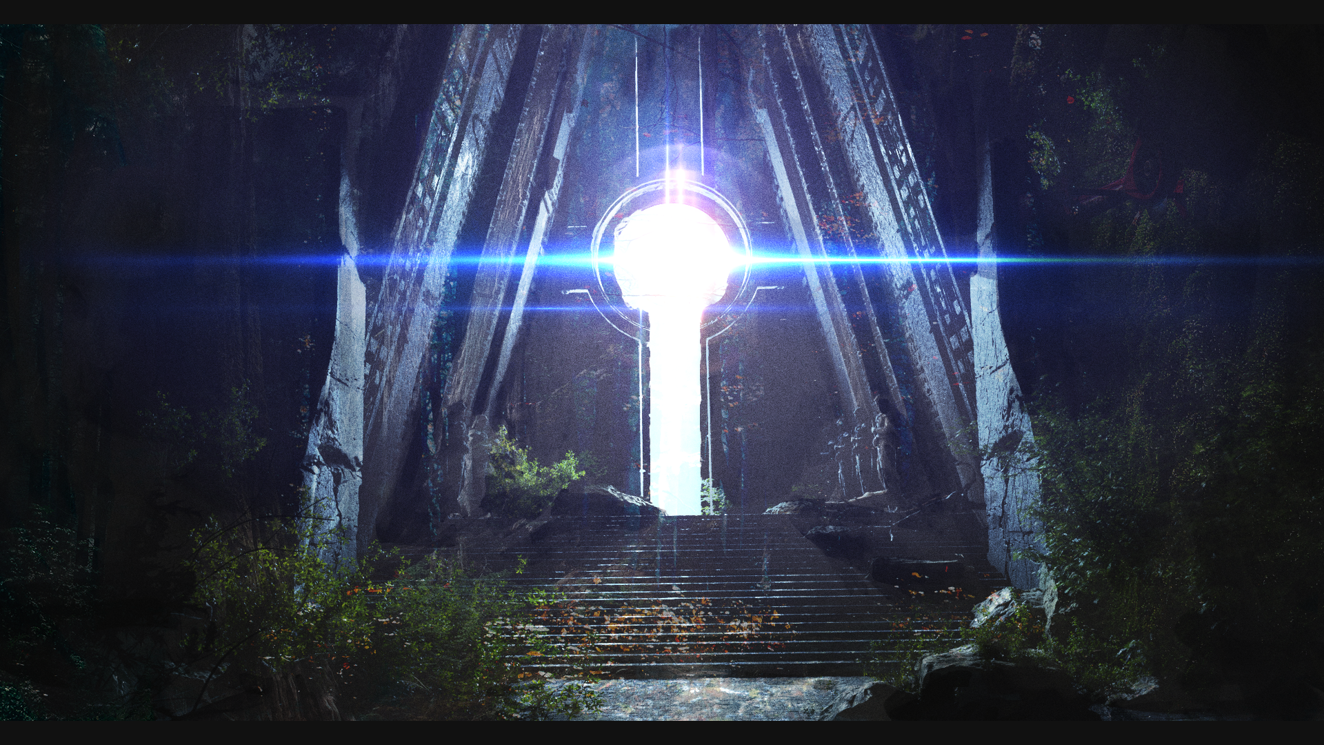 kinoko no sato, original, commentary, english commentary, highres, bush, doorway, indoors, lens flare, letterboxed, no humans, overgrown, scenery, stairs