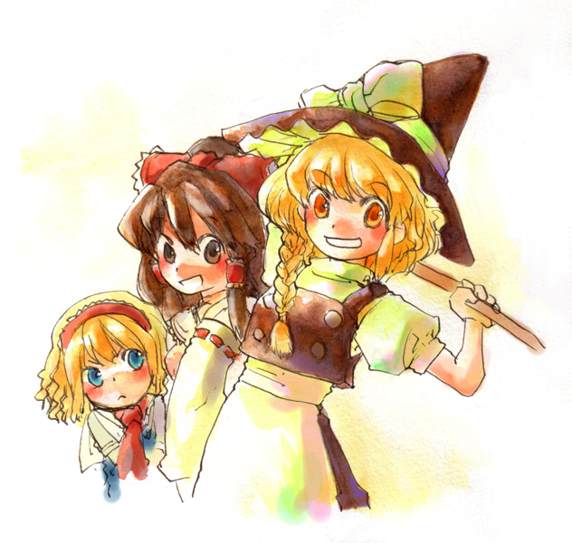 hosina-tane, alice margatroid, hakurei reimu, kirisame marisa, touhou, bad id, bad pixiv id, 3girls, blonde hair, broom, female focus, gradient background, hat, japanese clothes, long hair, miko, multiple girls, ribbon, short hair, white background