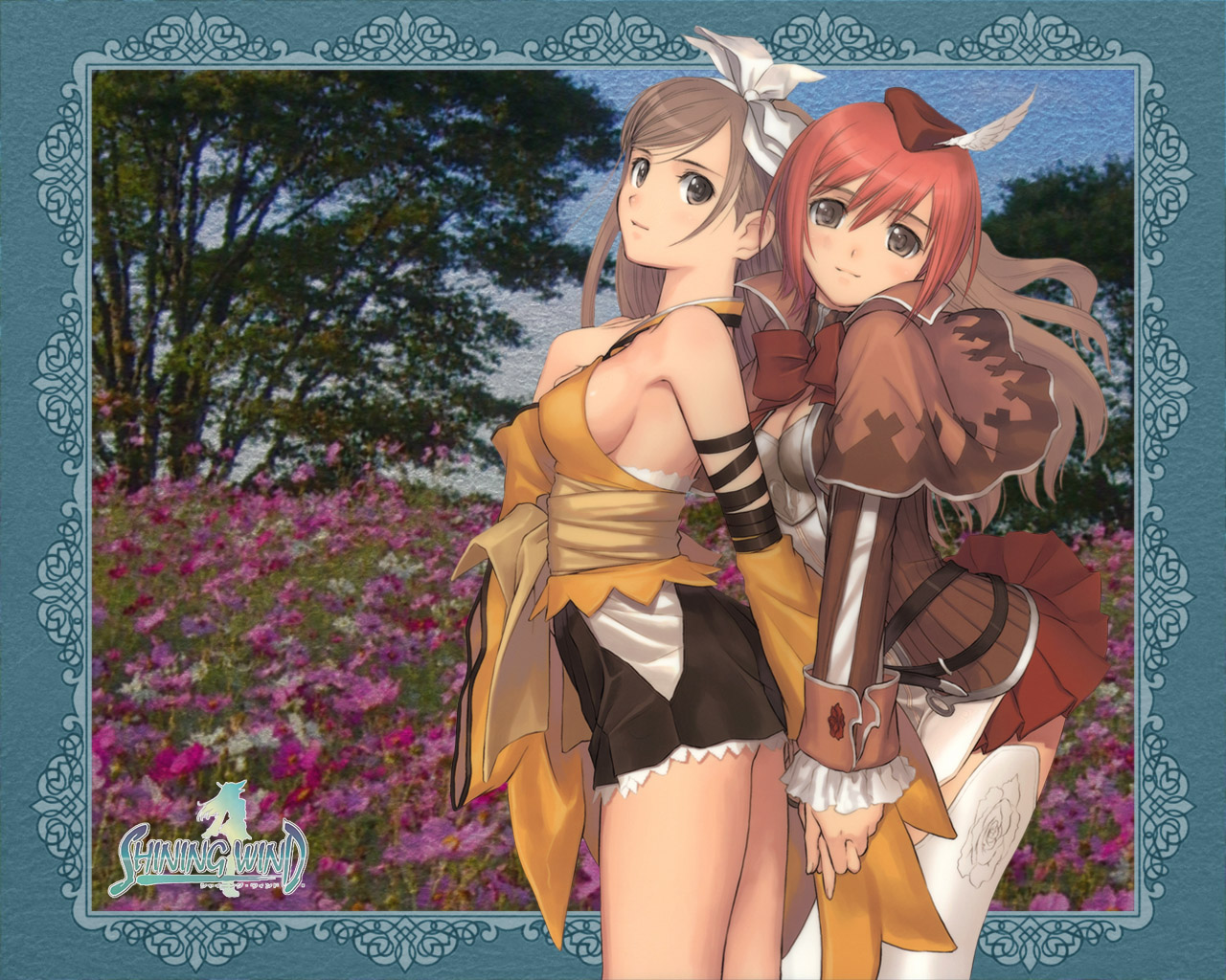 tony taka, seena kanon, touka kureha, sega, shining (series), shining wind, 2girls, blush, breasts, brown eyes, brown hair, cleavage, detached sleeves, flower, grey eyes, hair ribbon, hat, holding hands, long hair, multiple girls, nature, red hair, ribbon, short hair, sideboob, skirt, smile, thighhighs, thighs, white thighhighs