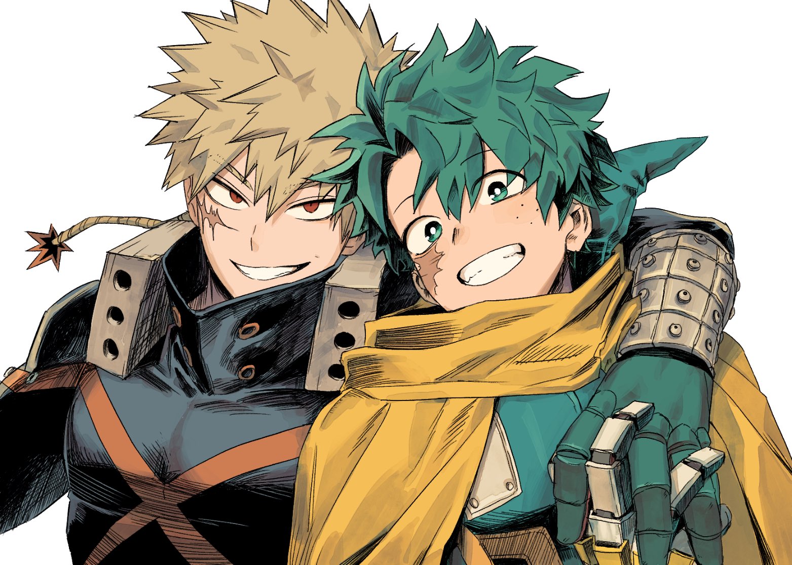 bakugou katsuki, midoriya izuku, boku no hero academia, 2boys, arm around shoulder, blonde hair, facial scar, freckles, gloves, green eyes, green gloves, green hair, grin, hair between eyes, holding hands, interlocked fingers, male focus, multiple boys, red eyes, sanpaku, scar, scar on cheek, scar on face, scarf, short hair, side-by-side, simple background, smile, superhero costume, teeth, thatsmyquirk, upper body, white background, yellow scarf