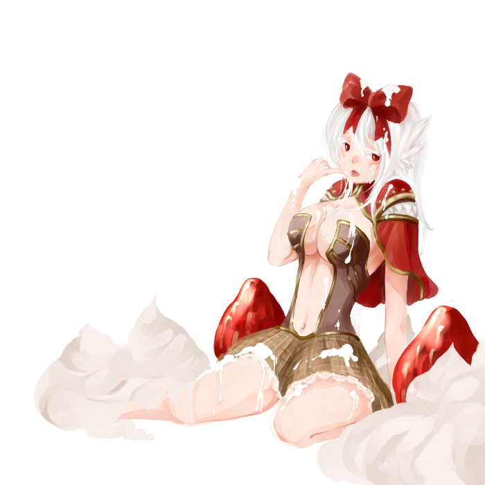 love morocc, creator (ragnarok online), ragnarok online, commentary request, 1girl, bow, breasts, brown dress, cape, cleavage, cream, dress, food, fruit, full body, hair bow, large breasts, long hair, looking at viewer, open mouth, plunging neckline, red bow, red cape, red eyes, sexually suggestive, short dress, simple background, solo, strapless, strapless dress, strawberry, white background, white hair