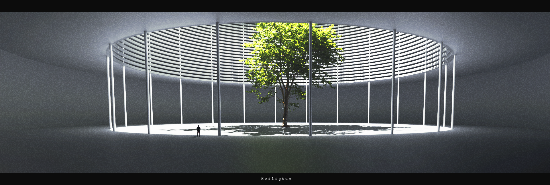 kinoko no sato, original, commentary request, highres, 1other, ambiguous gender, day, film grain, indoors, letterboxed, scenery, shade, shadow, standing, sunlight, tree, very wide shot