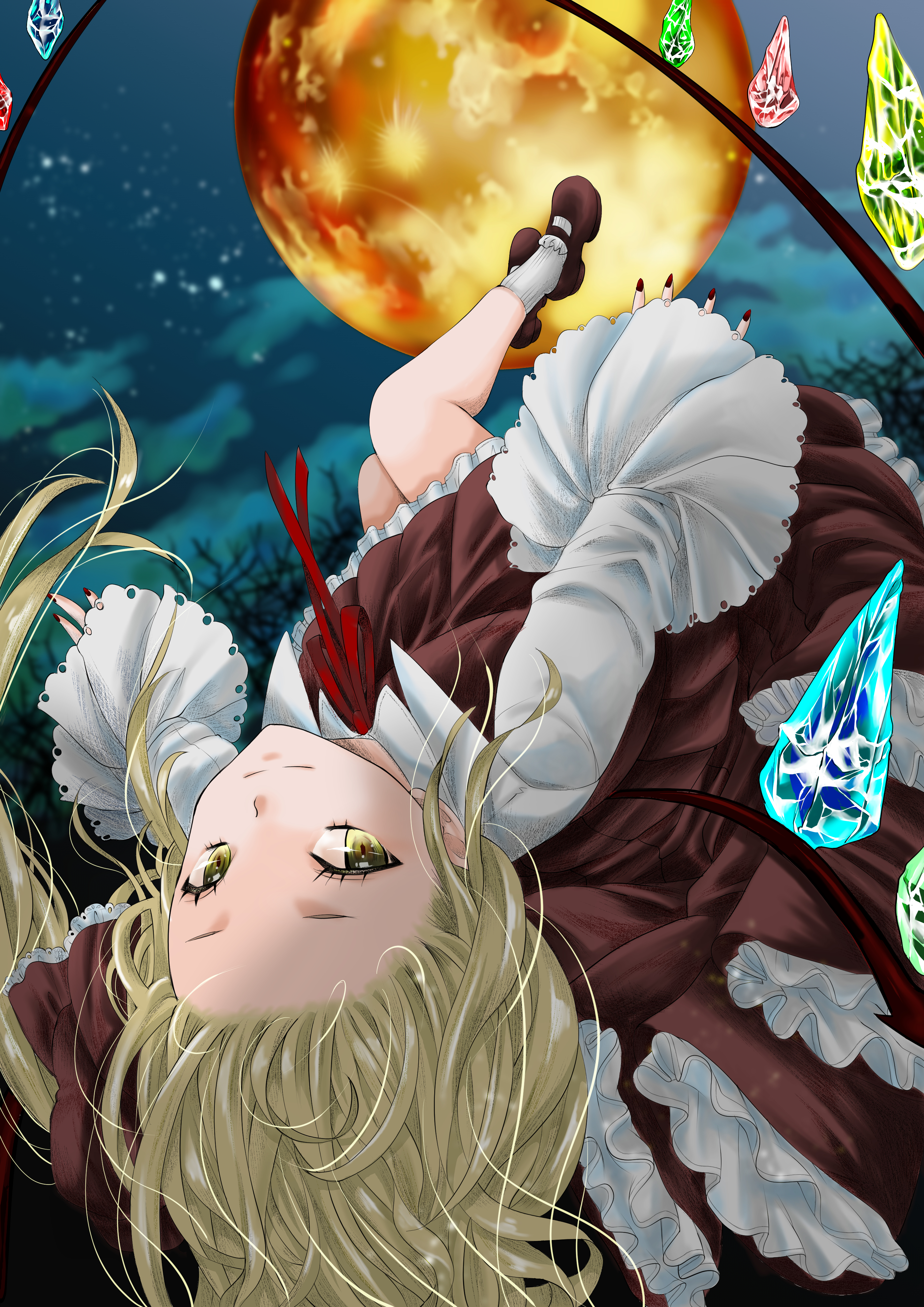flandre scarlet, touhou, absurdres, commentary request, highres, 1girl, blonde hair, cloud, collar, crystal wings, dress, flying, frilled dress, frilled ribbon, frills, from above, full moon, hair ribbon, knees, long sleeves, mary janes, medium hair, moon, multicolored wings, night, night sky, red dress, red moon, red nails, red ribbon, red shoes, ribbon, shoes, sideways glance, sky, smile, socks, solo, split mouth, star (sky), starry sky, tree, upside-down, white collar, white sleeves, white socks, wings, yellow eyes, zuoteng15600