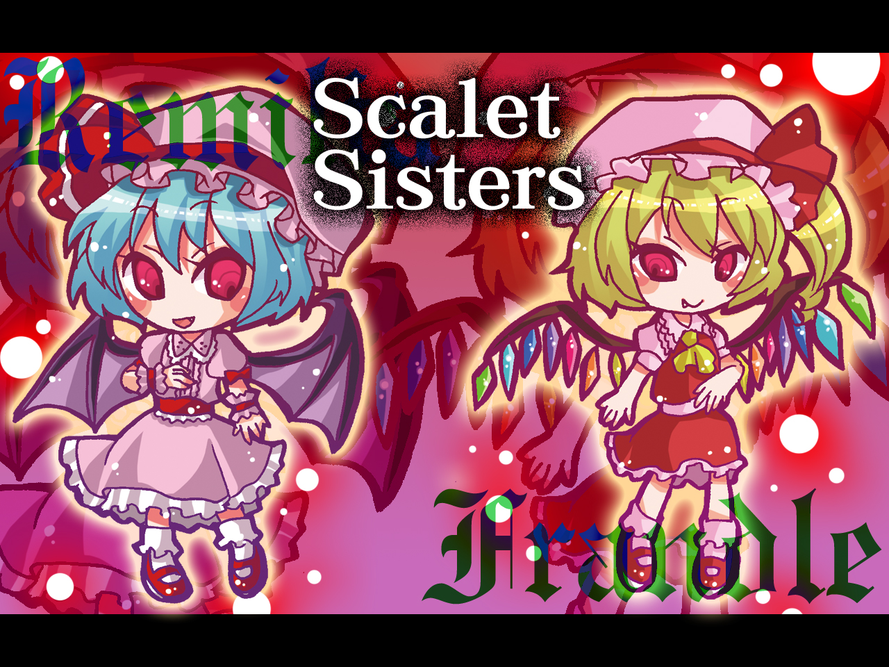kanoue hiji, flandre scarlet, remilia scarlet, touhou, bad id, bad pixiv id, 2girls, blonde hair, blue hair, character name, chibi, english text, engrish text, fang, female focus, full body, gradient background, hat, letterboxed, mob cap, multiple girls, ranguage, ribbon, siblings, sisters, wings