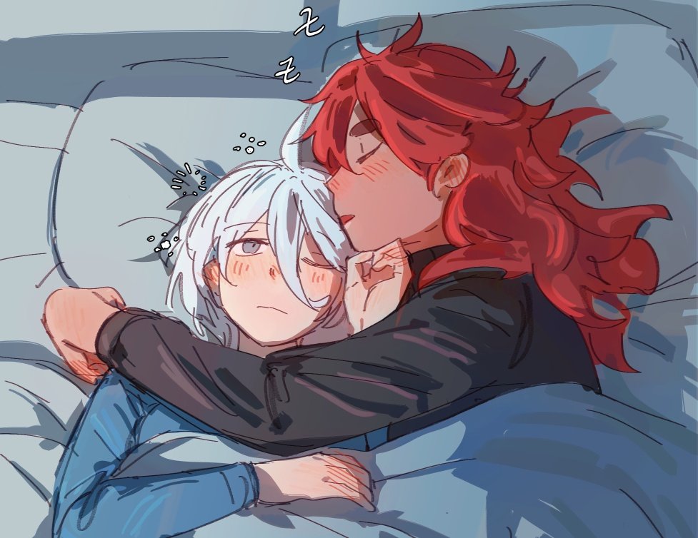 mao^2, miorine rembran, suletta mercury, gundam, gundam suisei no majo, 2girls, black shirt, blue shirt, blush, closed eyes, cuddling, grey eyes, long hair, long sleeves, multiple girls, one eye closed, parted lips, pillow, red hair, shirt, sleeping, squeans, thick eyebrows, under covers, white hair, yuri, zzz