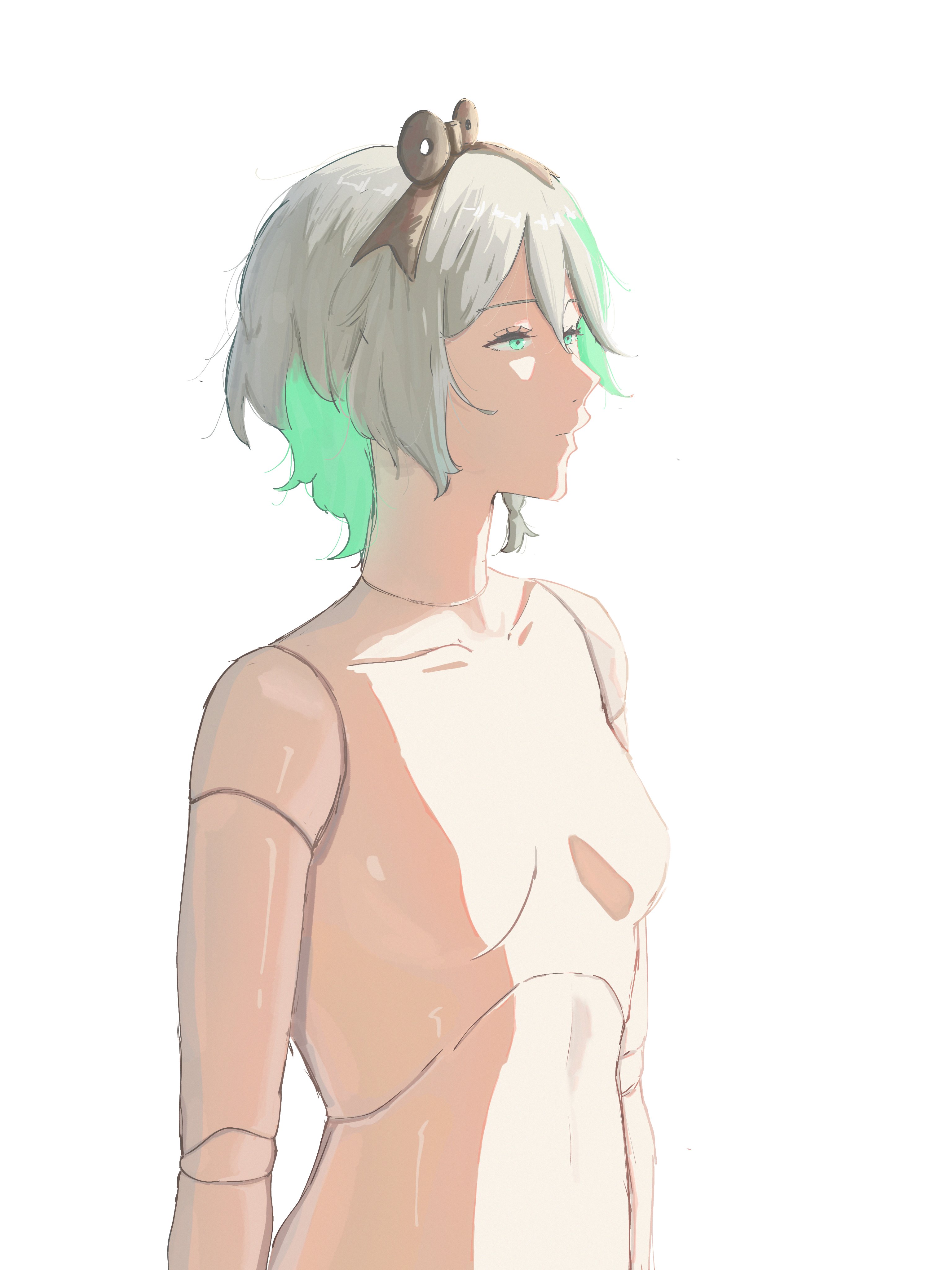 cecilia immergreen, hololive, hololive english, absurdres, highres, 1girl, breasts, closed mouth, doll joints, gradient hair, green eyes, green hair, grey hair, joints, marii (mmmmmarii ), medium hair, multicolored hair, no nipples, nude, small breasts, solo, virtual youtuber, winding key