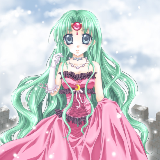 mikazuki sara, blue eyes, choker, dress, frills, green hair, jewelry, long hair, necklace, solo