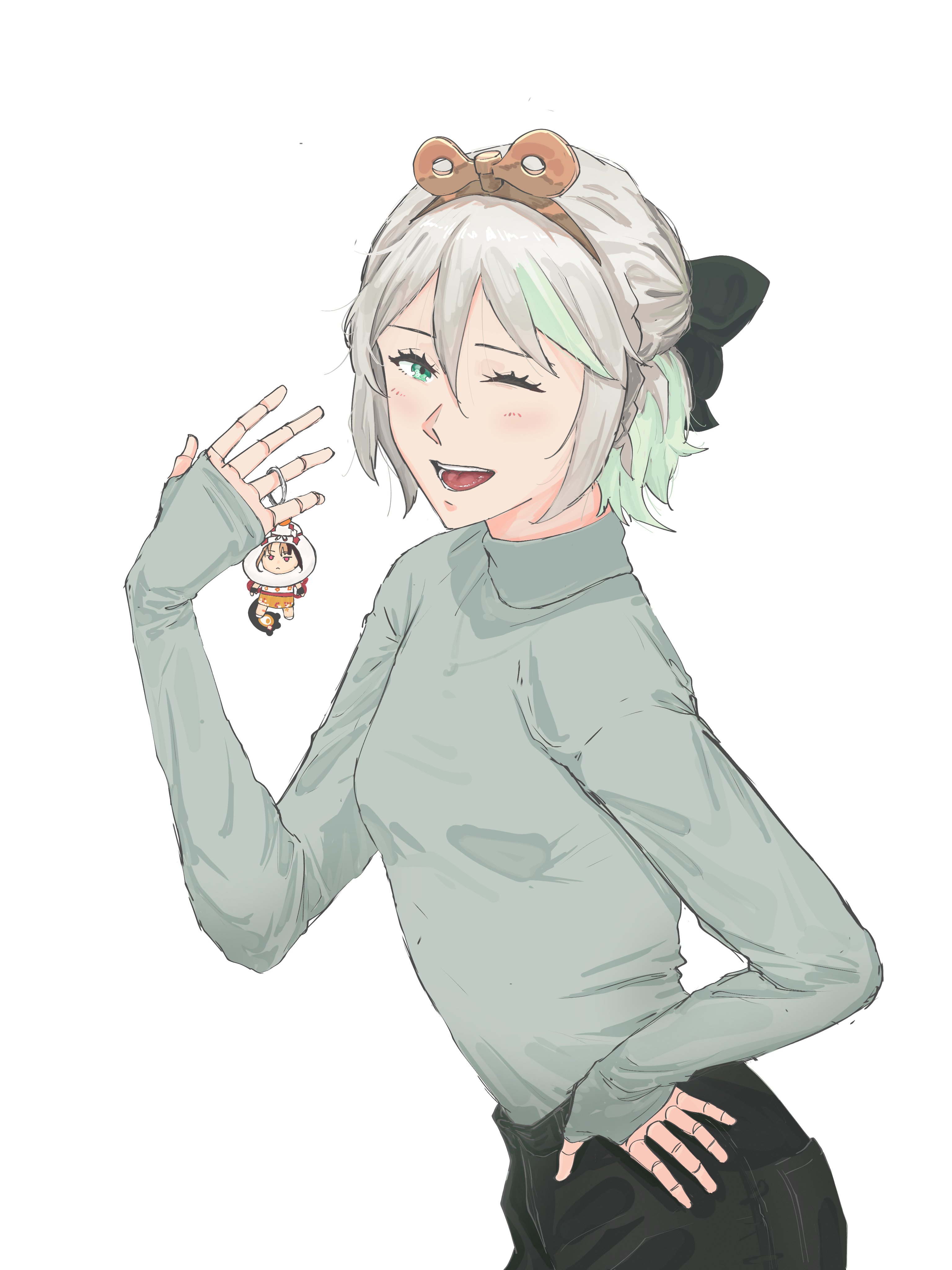 cecilia immergreen, gigi murin, hololive, hololive english, absurdres, hashtag-only commentary, highres, 1girl, ;d, alternate costume, black pants, breasts, character charm, charm (object), doll joints, gradient hair, green eyes, green hair, grey hair, grey sweater, hand on own hip, joints, marii (mmmmmarii ), medium hair, multicolored hair, one eye closed, open mouth, pants, simple background, small breasts, smile, solo, sweater, turtleneck, turtleneck sweater, virtual youtuber, white background, winding key