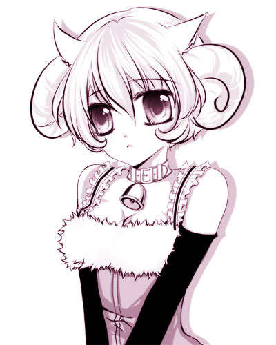 mikazuki sara, lowres, 1girl, animal ears, bell, collar, female focus, horns, monochrome, neck bell, purple theme, sheep horns, solo