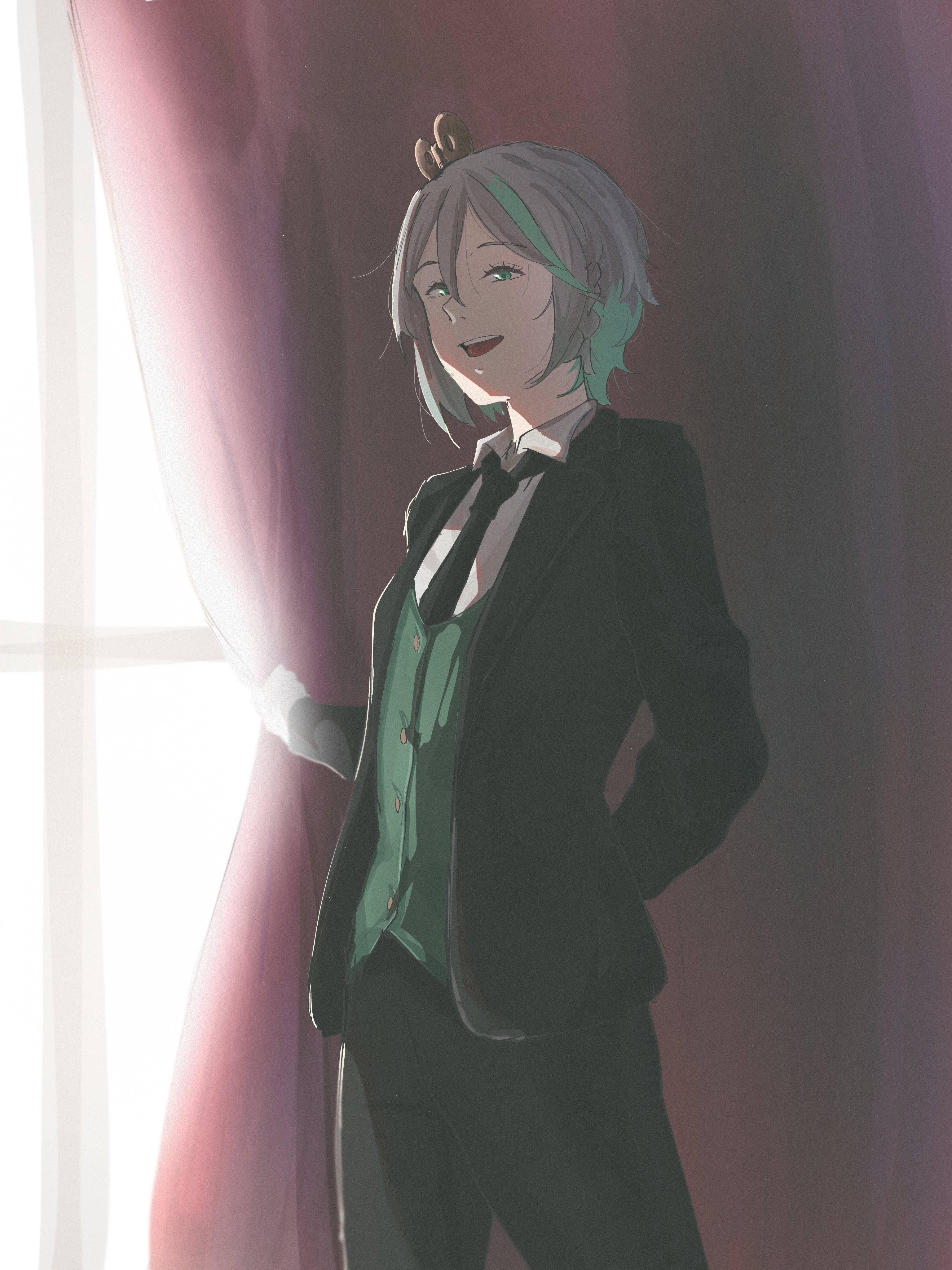 cecilia immergreen, hololive, hololive english, absurdres, commentary, english commentary, highres, 1girl, alternate costume, black jacket, black necktie, black pants, black suit, collared shirt, curtains, doll joints, formal clothes, gloves, gradient hair, green eyes, green hair, green vest, grey hair, indoors, jacket, joints, marii (mmmmmarii ), medium hair, multicolored hair, necktie, open mouth, pant suit, pants, shirt, solo, suit, suit jacket, vest, virtual youtuber, white gloves, white shirt, winding key, window