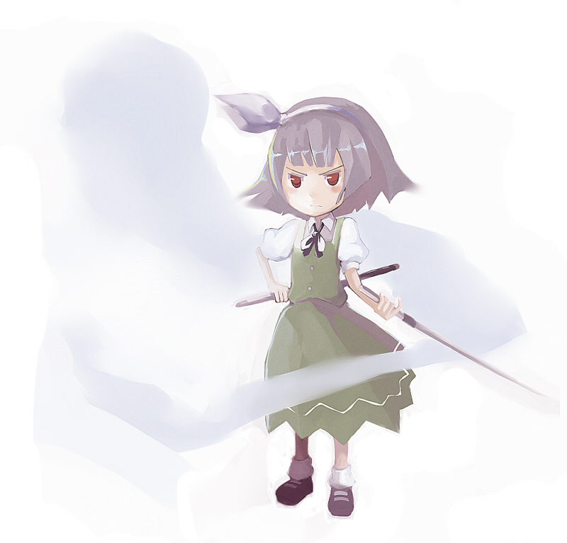 numako, konpaku youmu, konpaku youmu (ghost), touhou, bad id, bad pixiv id, 1girl, chibi, female focus, ghost, hitodama, katana, ribbon, school uniform, serafuku, short hair, solo, sword, weapon, white hair