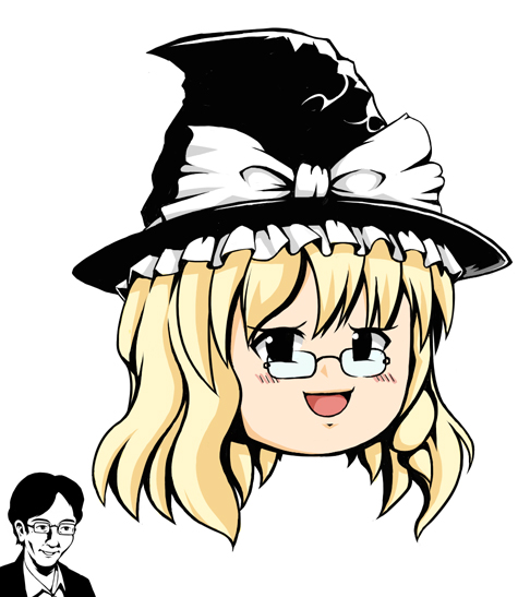 lilac (artist), lilac (p-f easy), kirisame marisa, zun, touhou, 1boy, 1girl, bespectacled, blonde hair, glasses, hat, partially colored, simple background, white background, witch, witch hat, yukkuri shiteitte ne