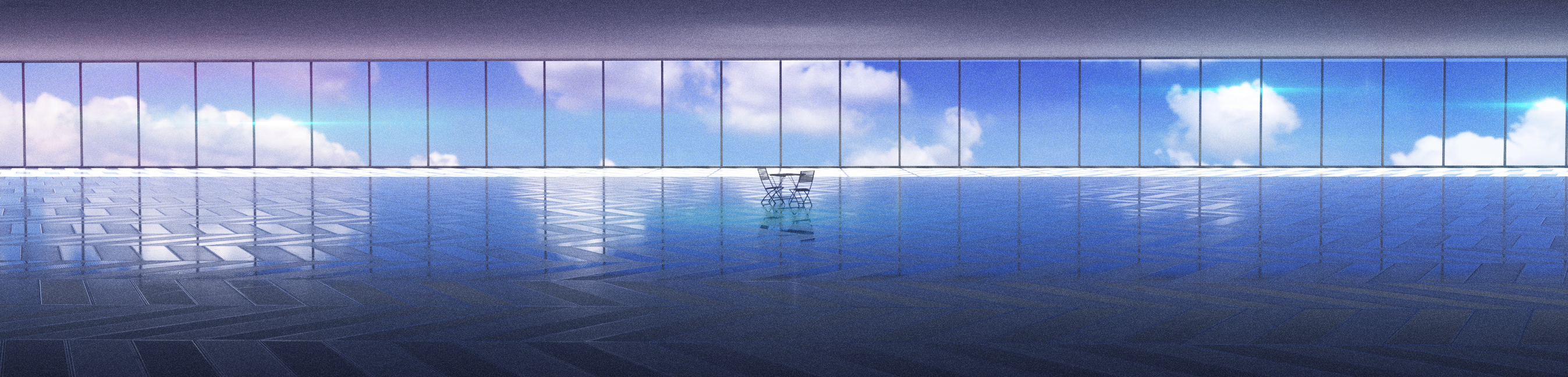 kinoko no sato, original, commentary, highres, long image, wide image, blue sky, chair, cloud, indoors, no humans, scenery, sky, table, window