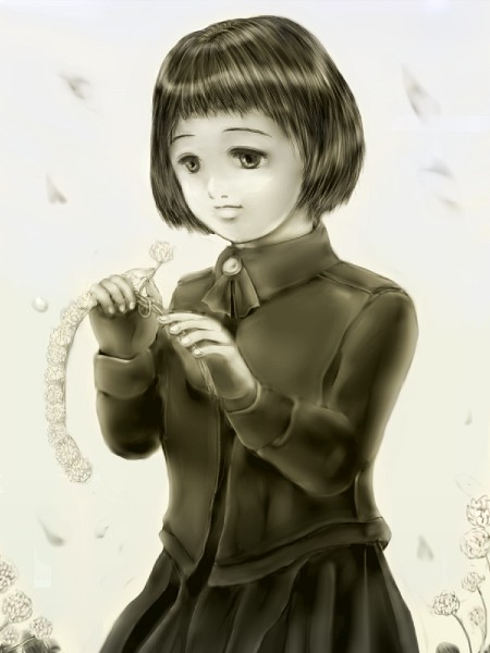 kojipe, 1girl, female focus, flower, gradient background, monochrome, outdoors, short hair, solo