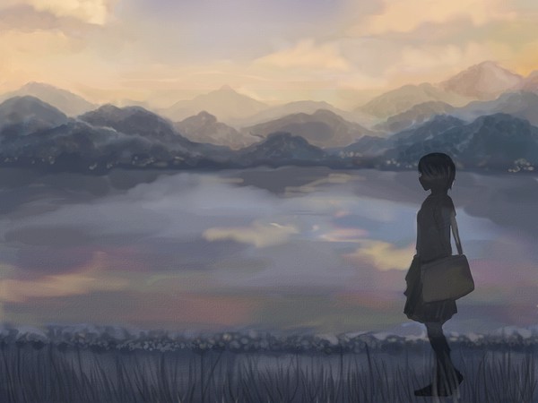 kojipe, 1girl, female focus, lake, mountain, nature, outdoors, scenery, silhouette, sky, solo
