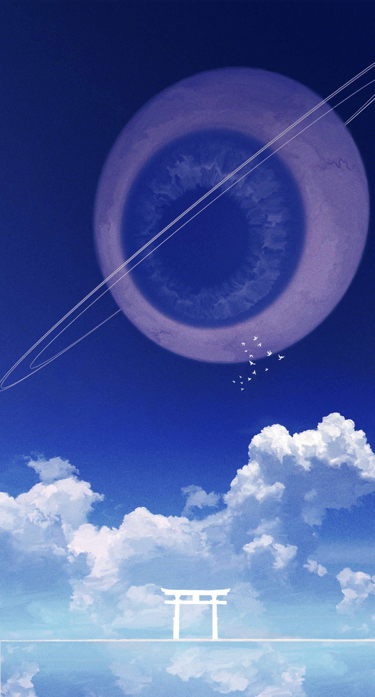 kinoko no sato, original, absurdres, commentary, english commentary, highres, blue sky, cloud, eyeball, film grain, flock, moon, no humans, oversized object, planetary ring, reflection, reflective surface, scenery, simple bird, sky, surreal, torii