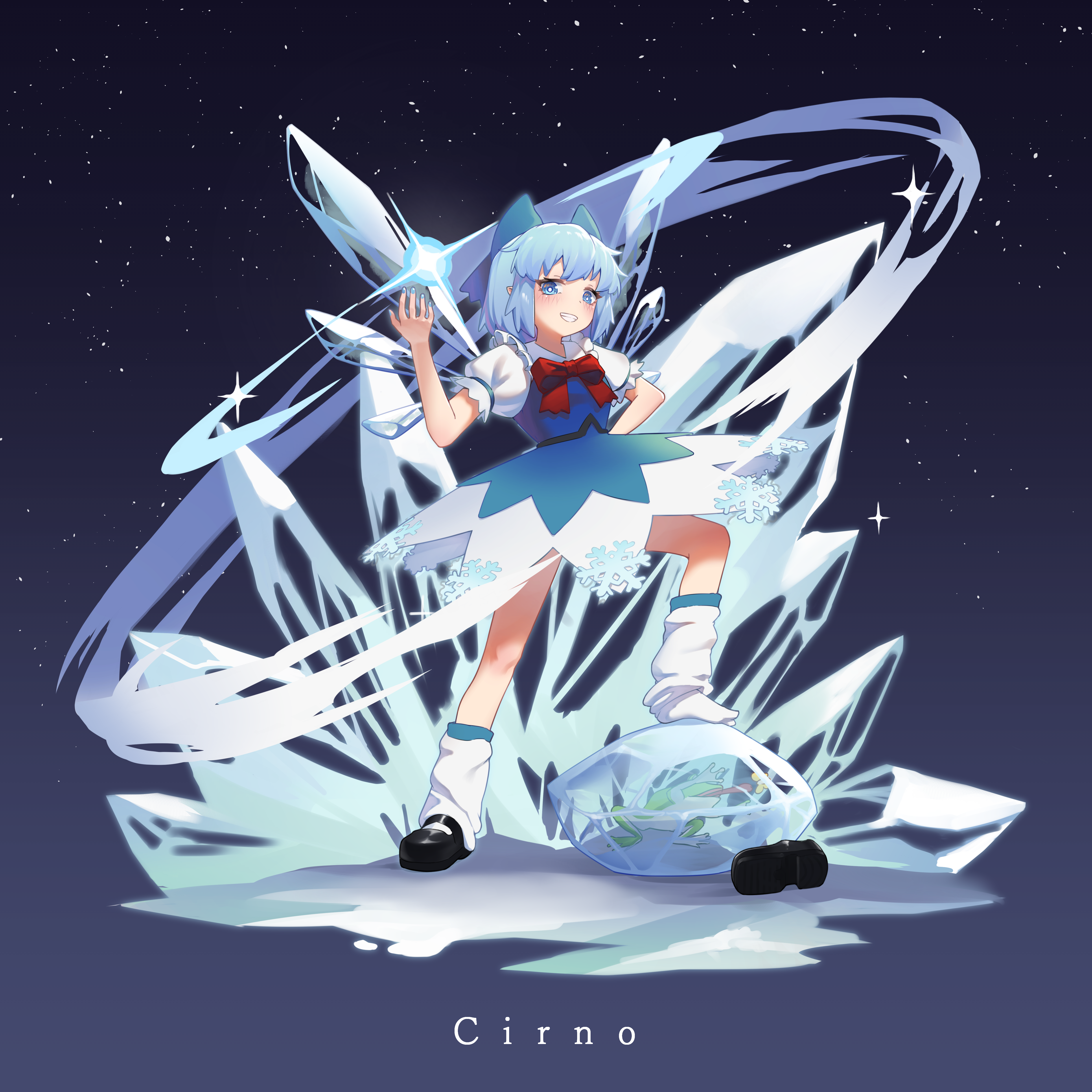 littiecy, cirno, touhou, absurdres, highres, 1girl, black shoes, blue background, blue bow, blue eyes, blue hair, blue nails, blue skirt, blue vest, blush, bow, bowtie, bright pupils, character name, collar, dated commentary, frilled collar, frills, frozen frog, gradient background, grin, hair bow, hand on own hip, hand up, ice, ice crystal, ice wings, knees, leg warmers, light particles, mary janes, medium hair, open mouth, puffy short sleeves, puffy sleeves, red bow, red bowtie, shirt, shoes, short sleeves, skirt, smile, snow, snowflakes, socks, solo, sparkle, stepping, vest, white leg warmers, white pupils, white shirt, white socks, wings