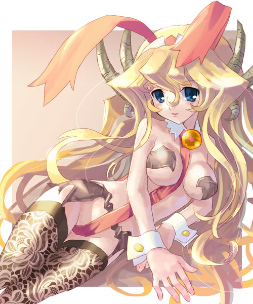 katahira masashi, original, 1girl, animal ears, blonde hair, blue eyes, breasts, cleavage, female focus, garter belt, horns, long hair, medium breasts, rabbit ears, solo, thighhighs, wrist cuffs