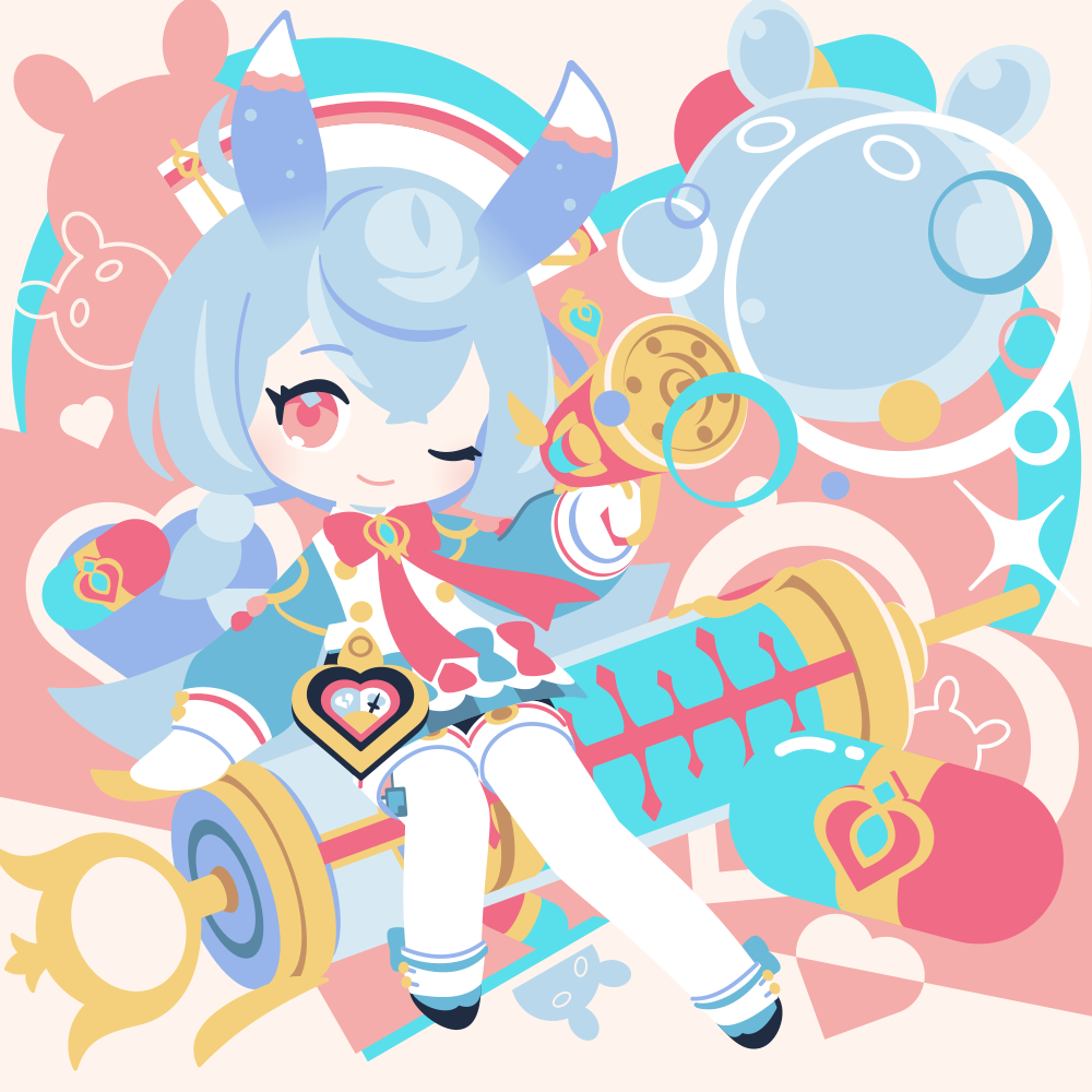 cobalta, sigewinne (genshin impact), genshin impact, 1girl, chibi, chibi only, closed mouth, full body, long hair, looking at viewer, low twintails, one eye closed, pill, red eyes, sitting, smile, solo, syringe, thighhighs, twintails, white thighhighs