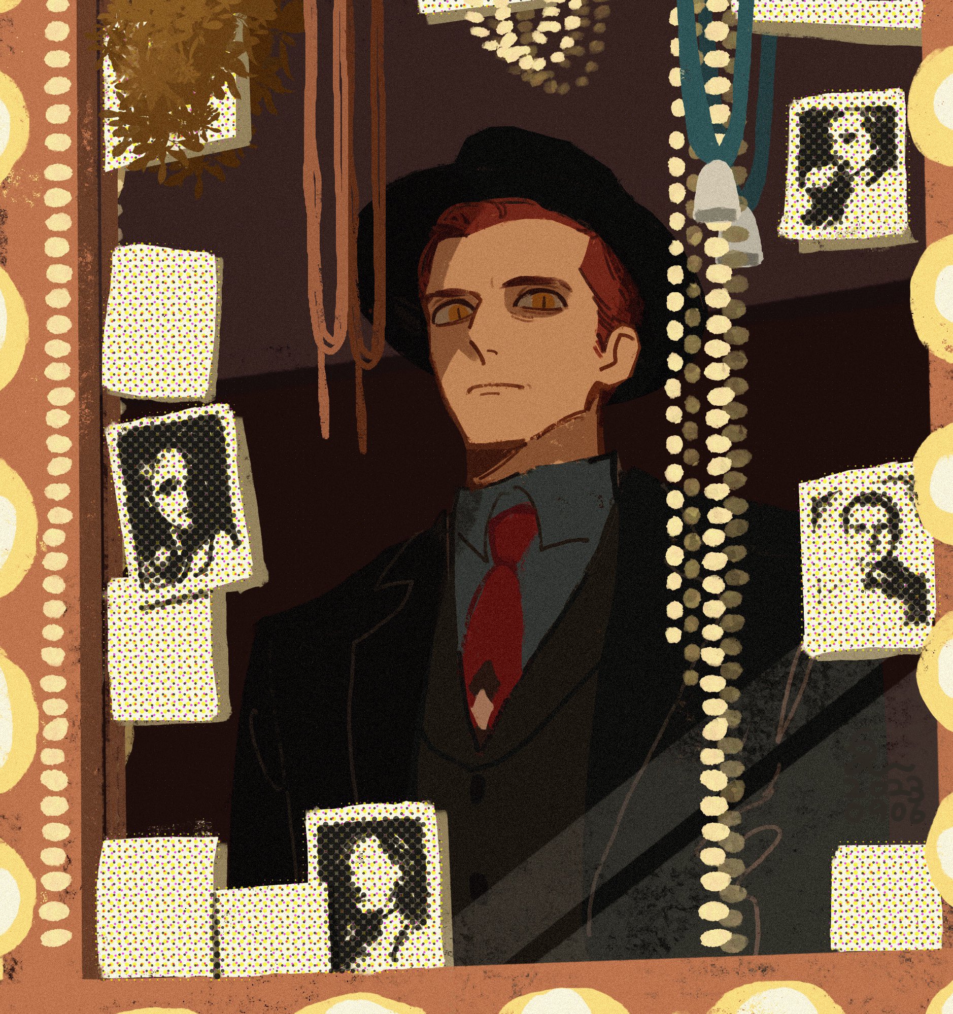 erm nkcn, crowley (good omens), good omens, highres, 1boy, black suit, demon boy, fingernails, formal clothes, glasses, hat, male focus, mirror, red hair, sharp fingernails, solo, suit