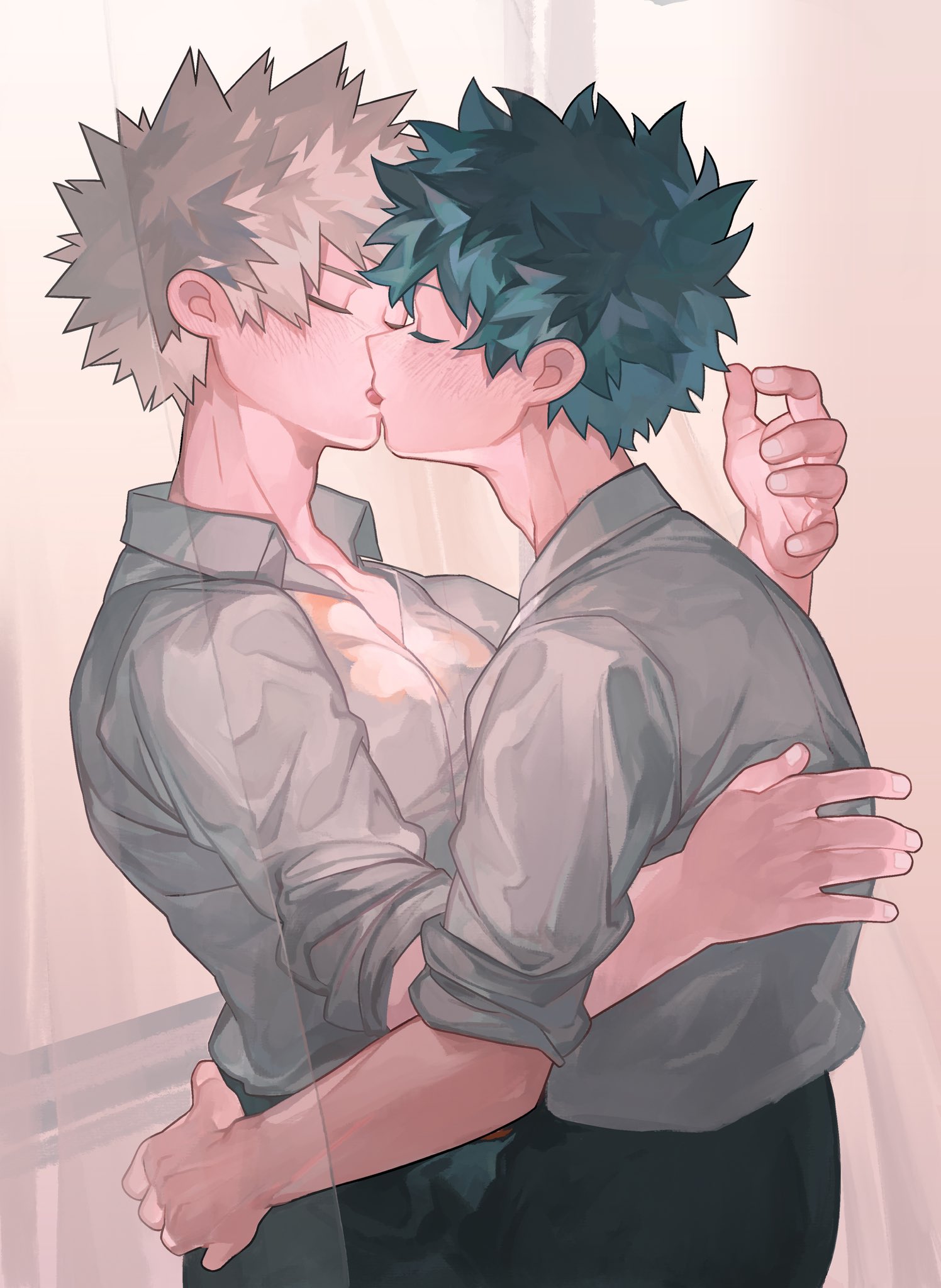 bakugou katsuki, midoriya izuku, boku no hero academia, commentary request, highres, 2boys, black pants, blonde hair, closed eyes, collared shirt, cowboy shot, french kiss, green hair, hand on another's ass, hover hand, kiss, male focus, multiple boys, pants, parted bangs, ry 6042, shirt, shirt tucked in, short hair, sleeves rolled up, spiked hair, white shirt, wing collar, yaoi