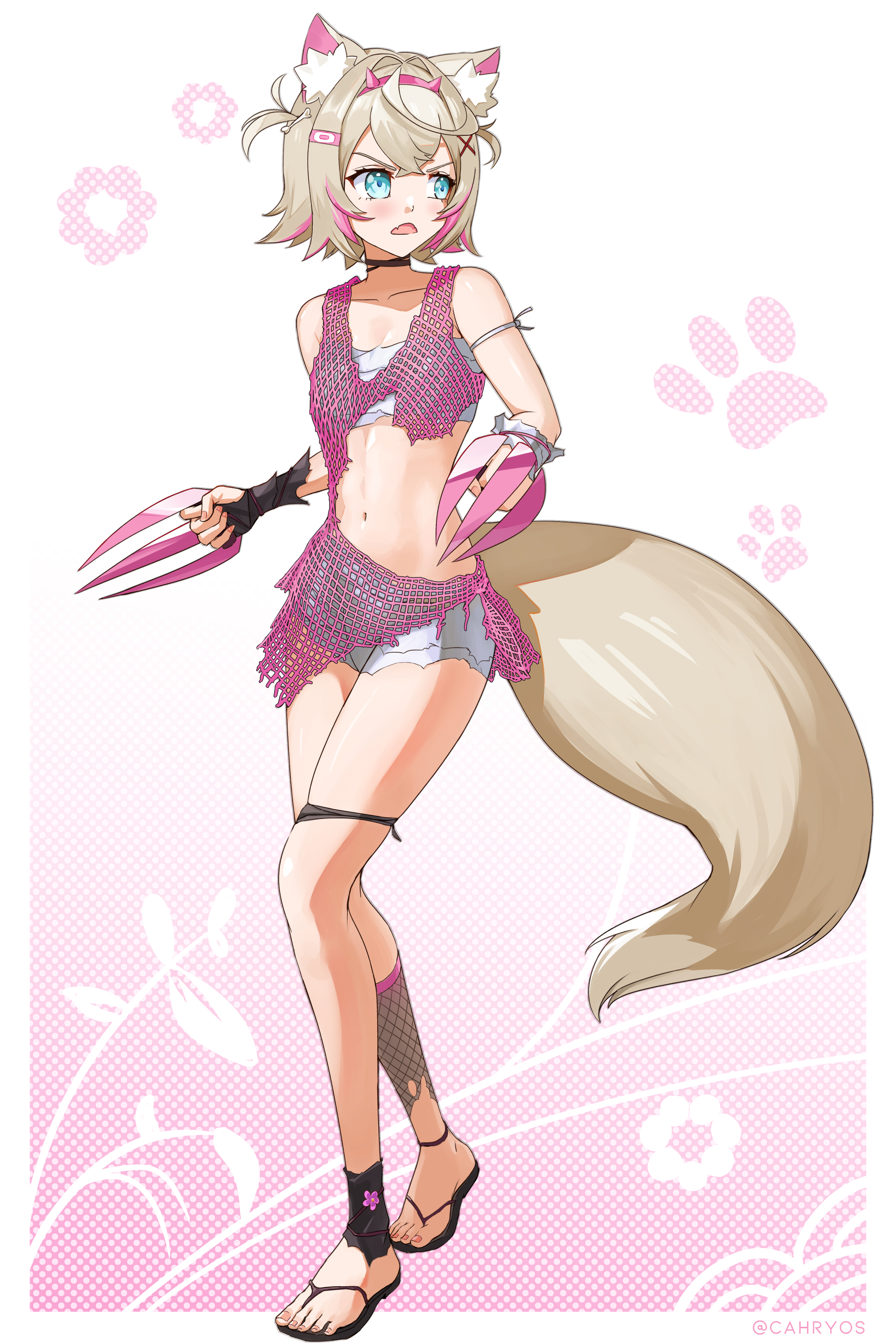 cahryos, mococo abyssgard, hololive, hololive english, absurdres, highres, 1girl, alternate costume, animal ear fluff, animal ears, bandaid, bandaid hair ornament, blonde hair, blue eyes, claw (weapon), dog ears, dog girl, dog tail, full body, hair ornament, hairband, horn hairband, navel, pink hairband, pink streaks, sandals, short shorts, shorts, solo, tail, virtual youtuber, weapon, white shorts