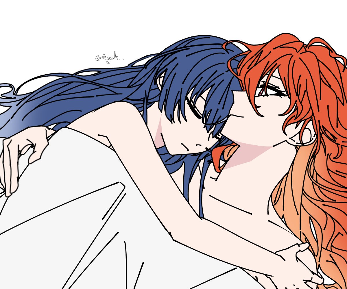 a jak, augusta (wuthering waves), iuno (wuthering waves), wuthering waves, commentary, hashtag-only commentary, 2girls, blue hair, closed eyes, closed mouth, cuddling, hand on another's shoulder, long hair, multiple girls, red hair, simple background, sleeping, smile, under covers, white background, yuri
