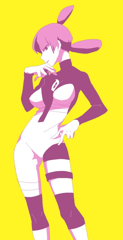 toudou charo, jupiter (pokemon), nintendo, pokemon, pokemon dppt, 1girl, bodysuit, cowboy shot, holding, holding poke ball, long sleeves, looking at viewer, poke ball, purple eyes, purple hair, solo, team galactic uniform, yellow background