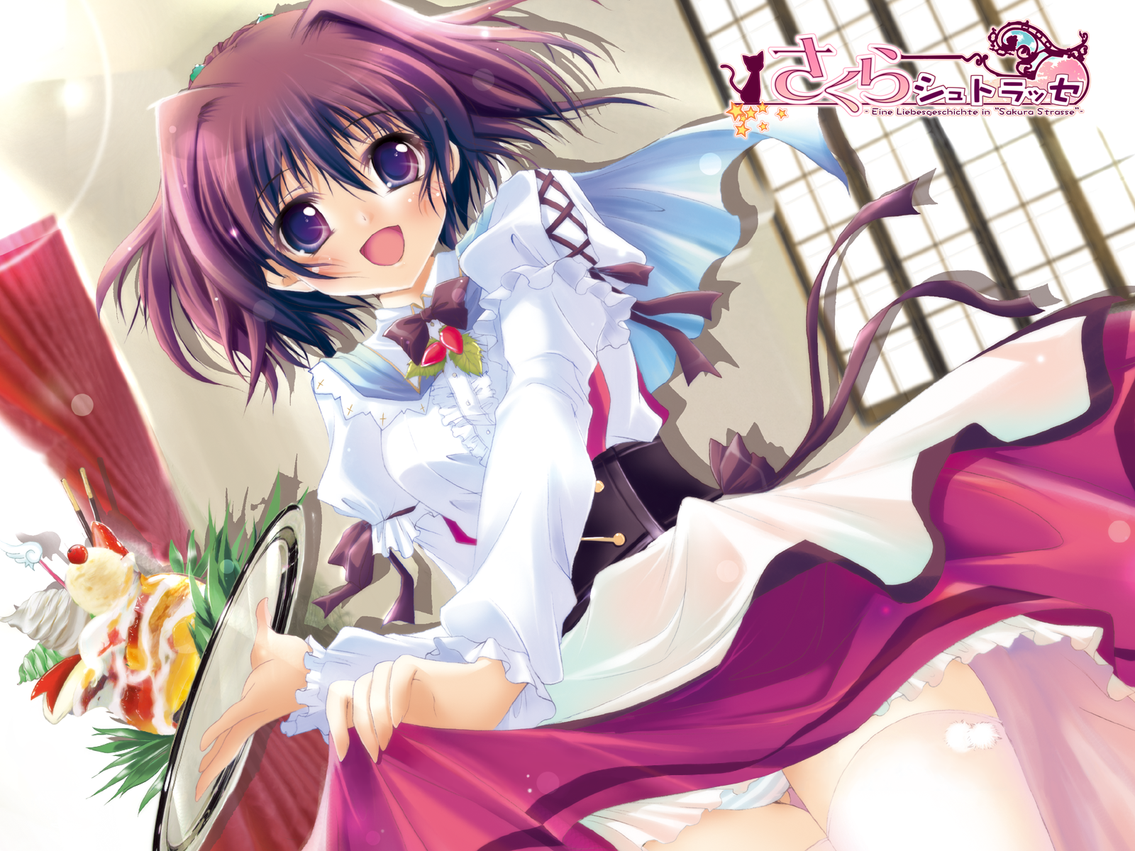 izumi tsubasu, satomura karin, sakura strasse, highres, 1girl, blush, brown hair, clothes lift, copyright name, dessert, female focus, food, indoors, maid, panties, parfait, ribbon, short hair, skirt, skirt lift, smile, solo, striped clothes, striped panties, thighhighs, tray, underwear, waitress