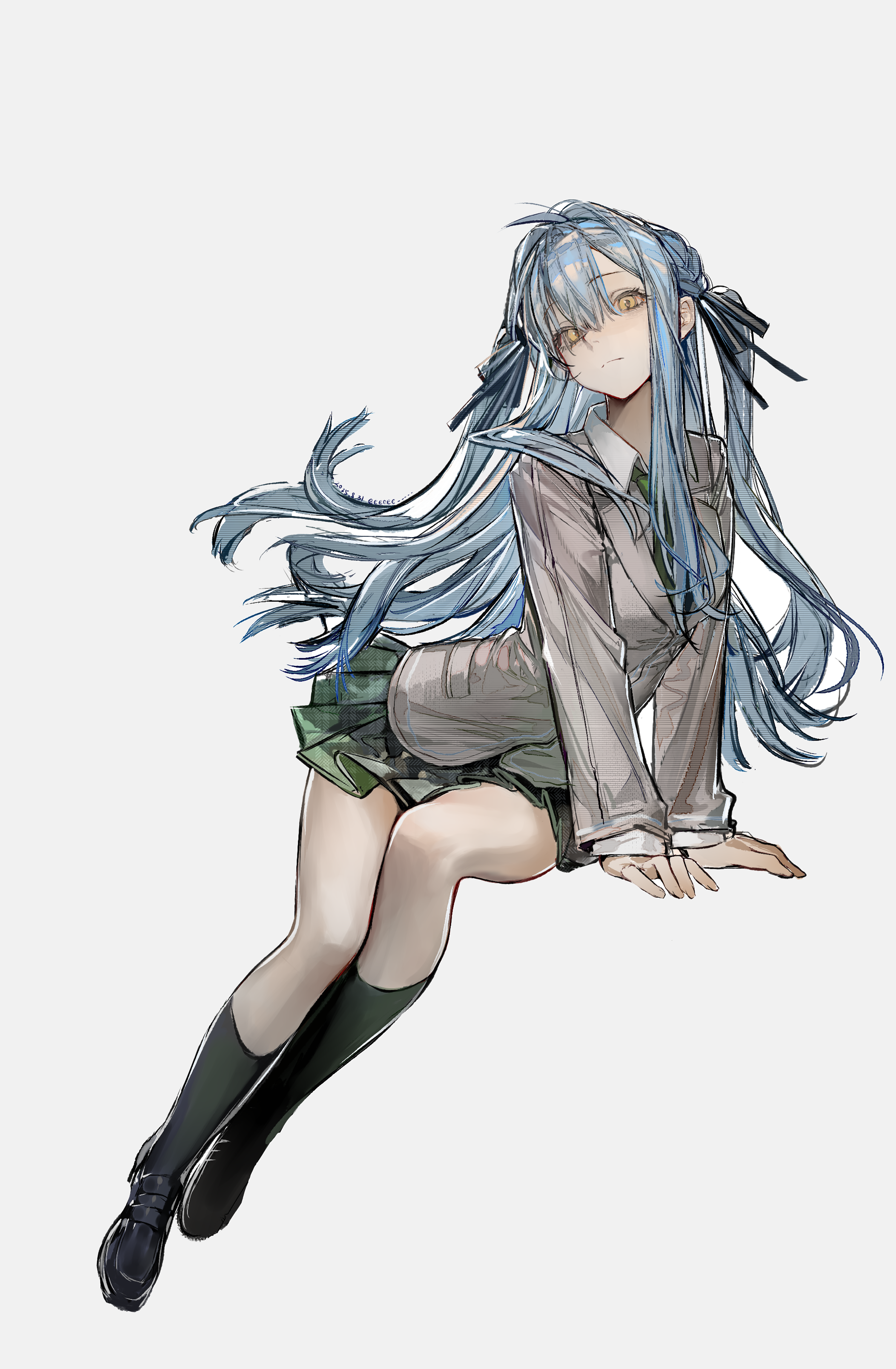 bgsdgfergf, togawa sakiko, bang dream!, bang dream! it's mygo!!!!!, absurdres, chinese commentary, commentary request, highres, variant set, 1girl, arm support, artist name, black shoes, black socks, blue hair, closed mouth, collared shirt, dated, full body, green necktie, green skirt, grey jacket, hair ribbon, haneoka school uniform, invisible chair, jacket, loafers, long hair, looking at viewer, necktie, pleated skirt, ribbon, school uniform, shirt, shoes, simple background, sitting, skirt, socks, solo, very long hair, wing collar, yellow eyes