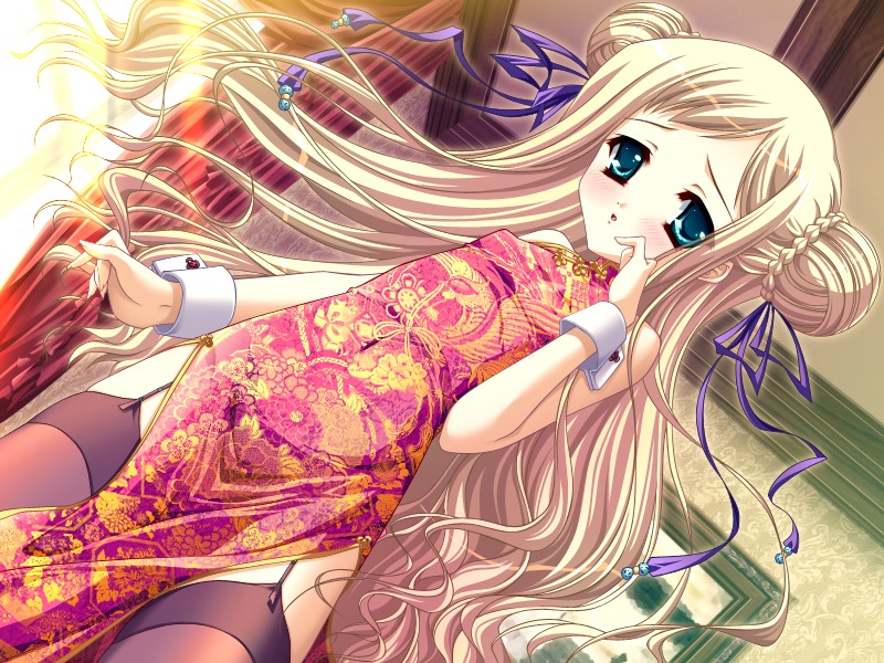 blush, bow, china dress, chinese clothes, dress, flat chest, long hair, ribbon, thighhighs