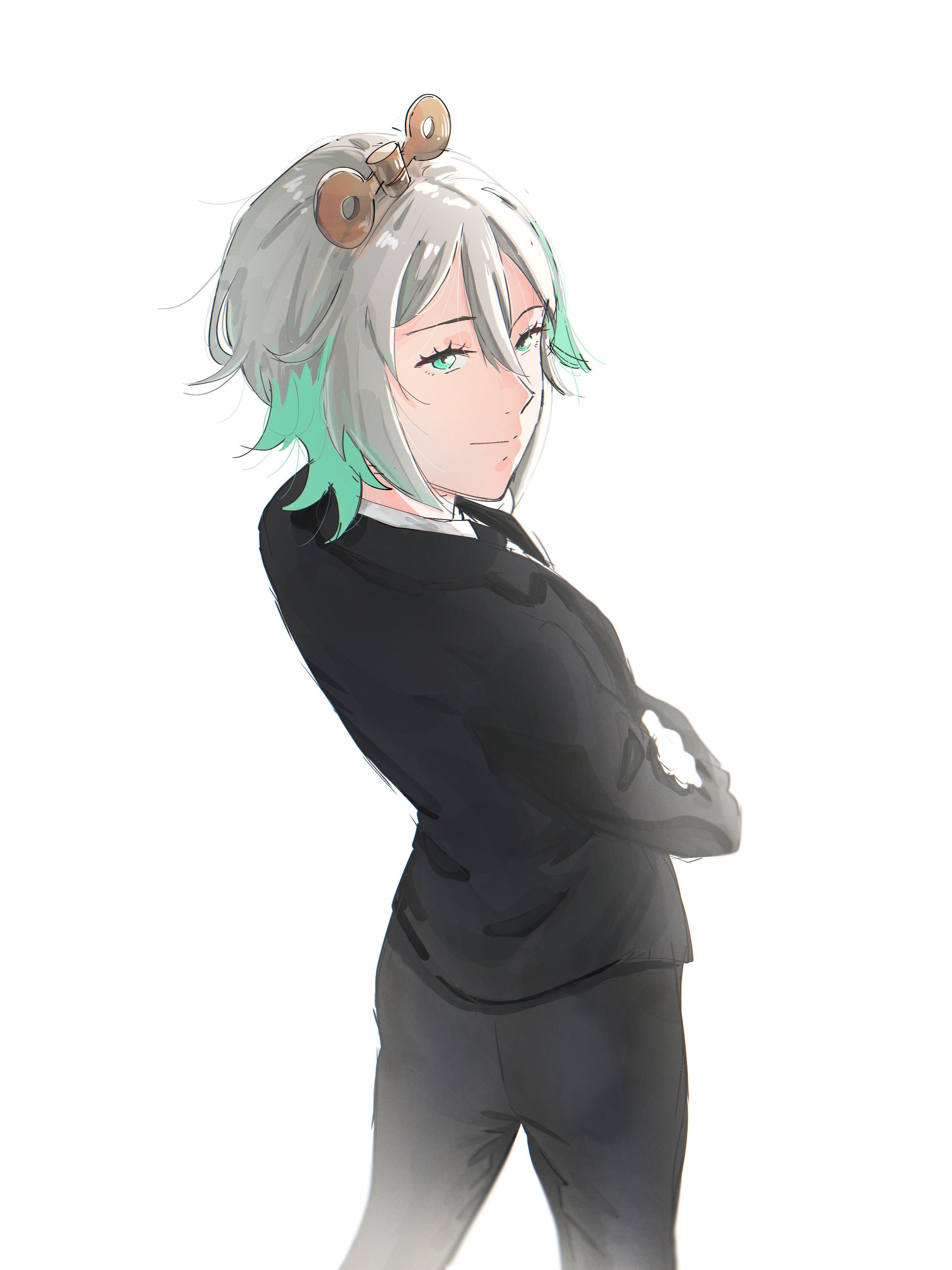 cecilia immergreen, hololive, hololive english, absurdres, hashtag-only commentary, highres, 1girl, alternate costume, black jacket, black pants, black suit, doll joints, formal clothes, gloves, green eyes, green hair, grey hair, jacket, joints, looking at viewer, looking back, marii (mmmmmarii ), medium hair, multicolored hair, pant suit, pants, simple background, solo, suit, two-tone hair, virtual youtuber, white background, white gloves, winding key