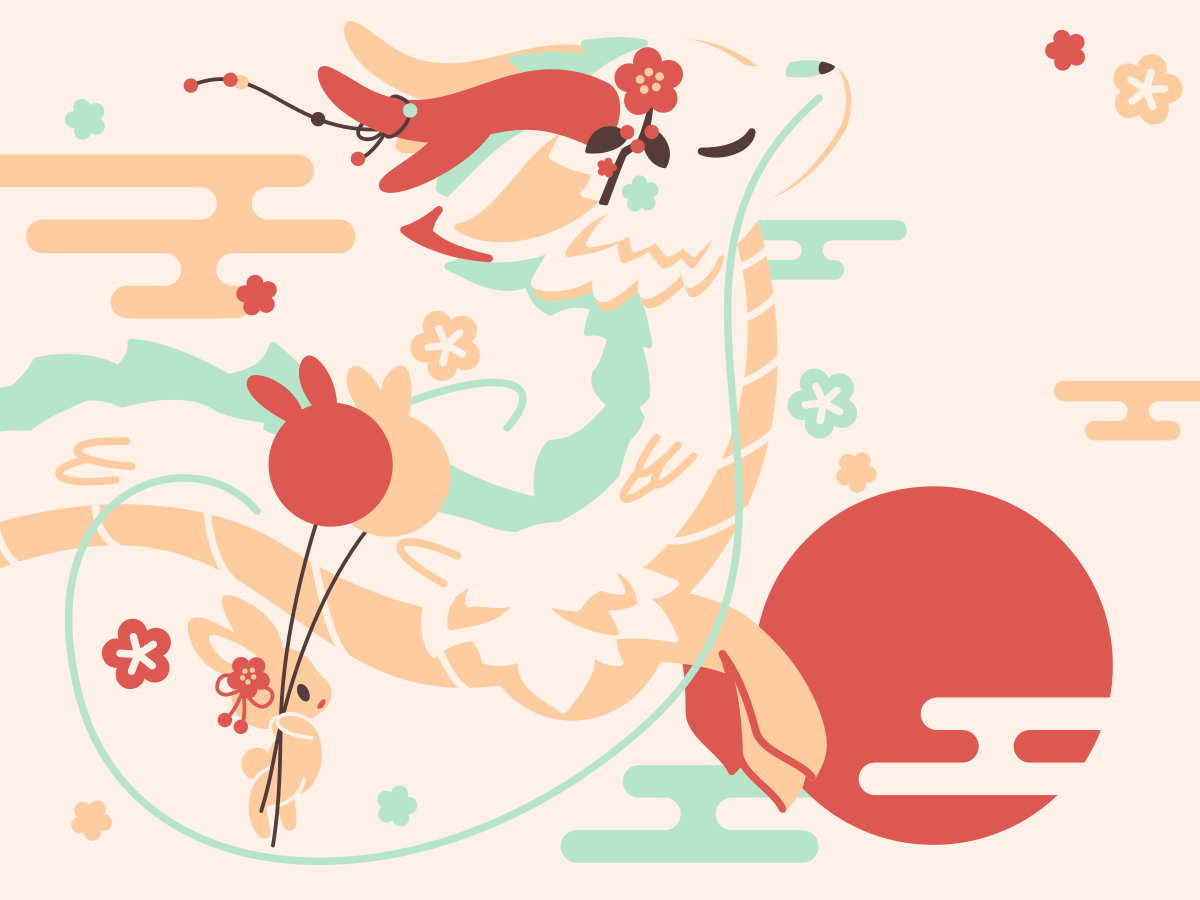 cobalta, original, balloon, black eyes, closed eyes, dragon, holding, holding balloon, looking at another, nengajou, new year, no humans, rabbit, rabbit balloon, white background