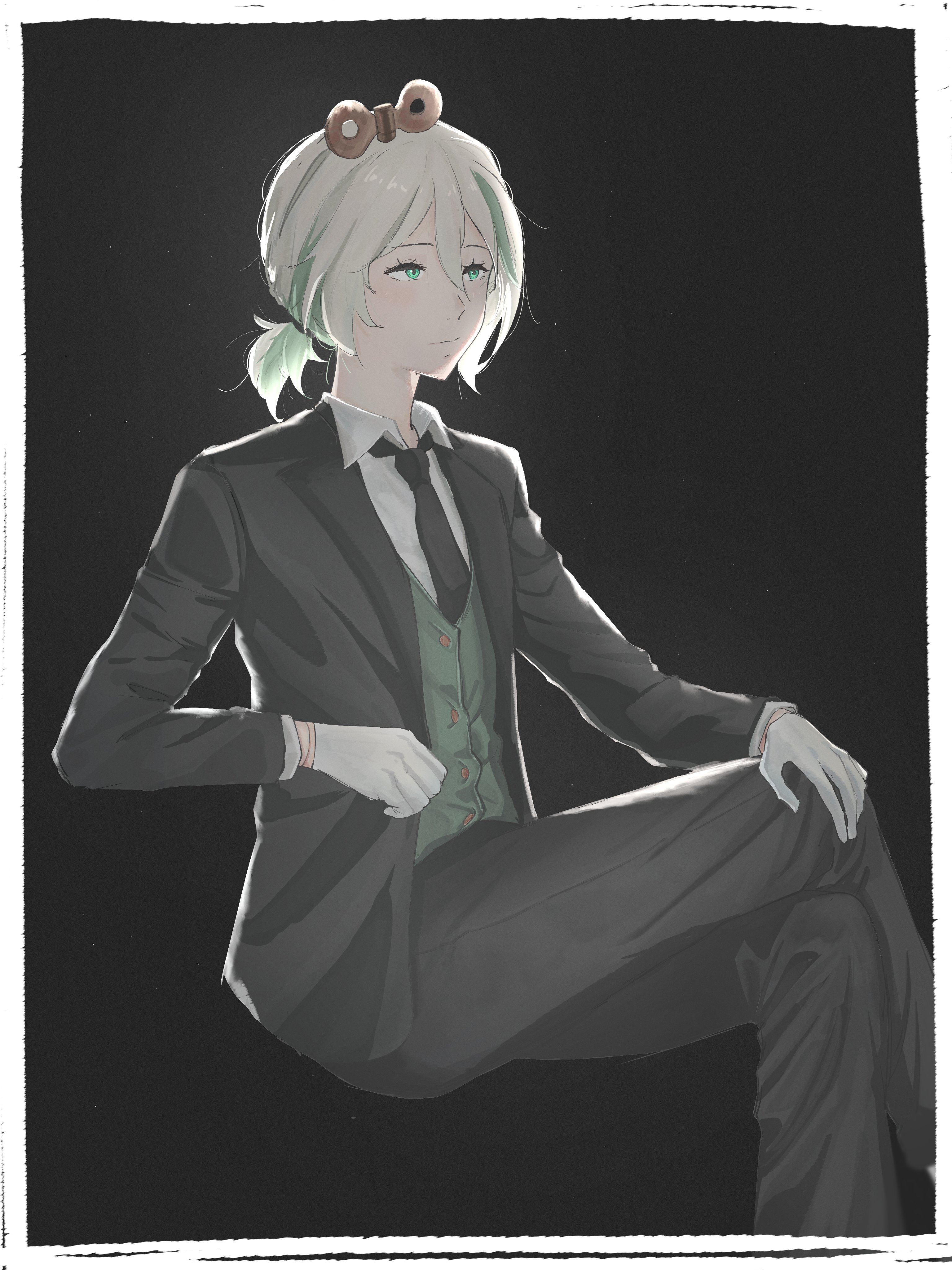 cecilia immergreen, hololive, hololive english, absurdres, commentary, english commentary, highres, 1girl, alternate costume, black background, black jacket, black necktie, black pants, black suit, border, closed mouth, collared shirt, crossed legs, doll joints, formal clothes, gloves, gradient hair, green eyes, green hair, green vest, grey hair, invisible chair, jacket, joints, marii (mmmmmarii ), medium hair, multicolored hair, necktie, pant suit, pants, ponytail, shirt, short ponytail, sitting, solo, suit, suit jacket, vest, virtual youtuber, white border, white gloves, white shirt, winding key