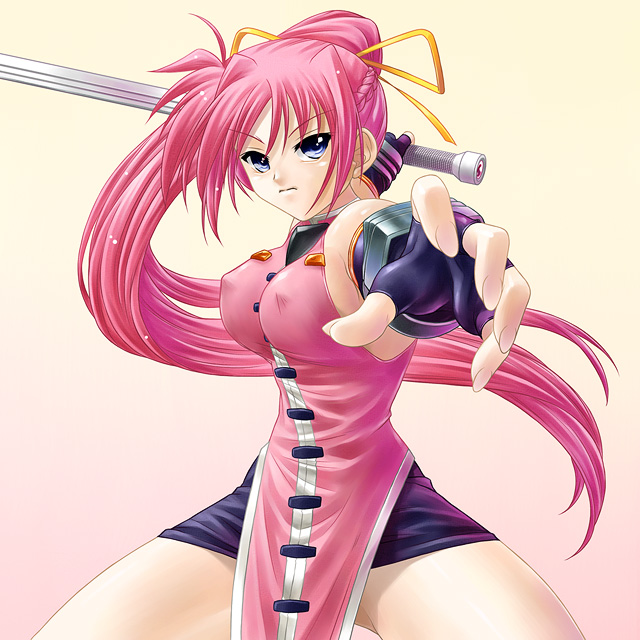 ayato, laevatein (nanoha), signum, lyrical nanoha, mahou shoujo lyrical nanoha, mahou shoujo lyrical nanoha strikers, 00s, 1girl, blue eyes, blush, breasts, covered erect nipples, elbow gloves, female focus, gloves, long hair, necktie, pink hair, ponytail, skirt, solo, sword, weapon