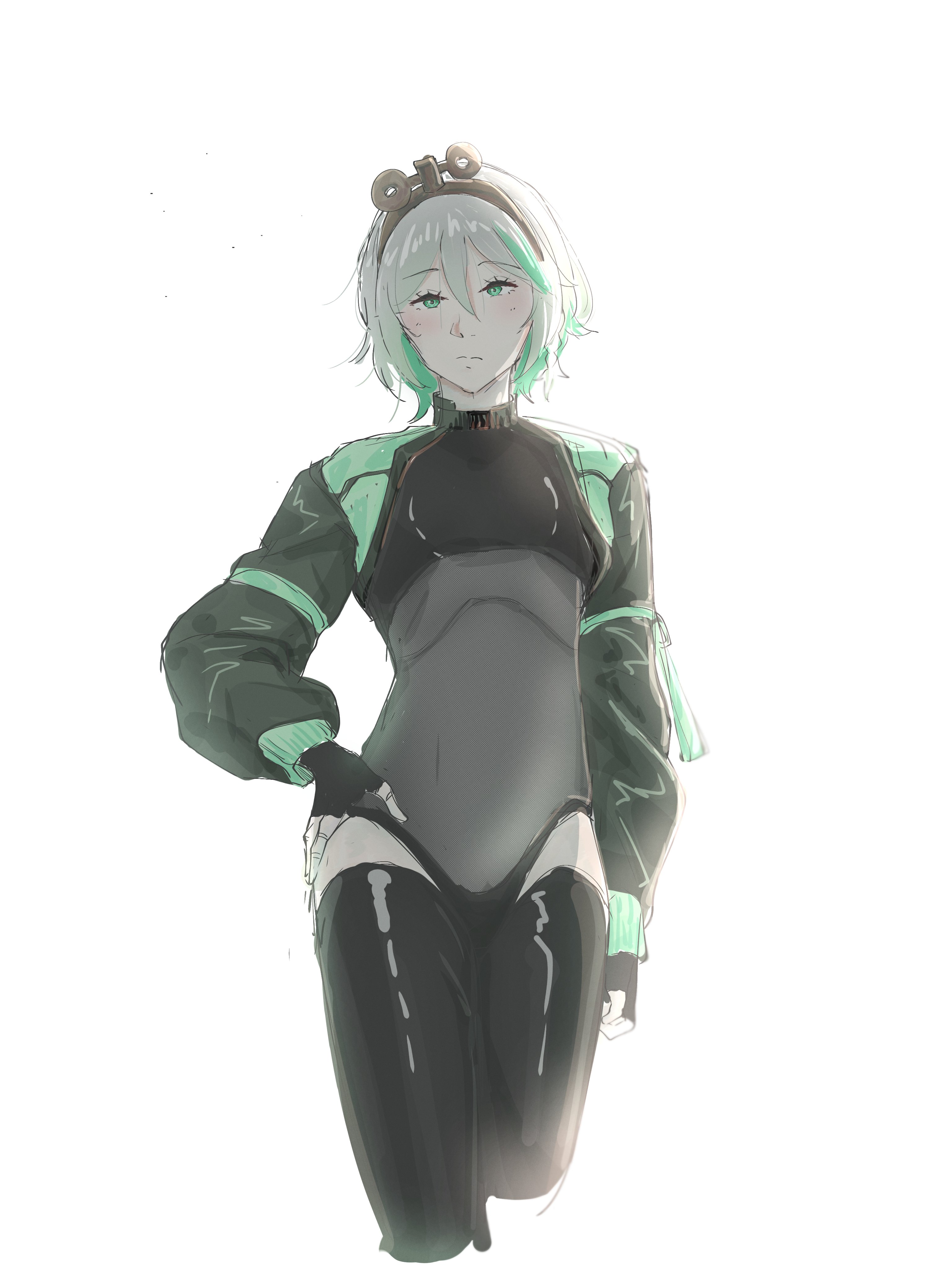 cecilia immergreen, hololive, hololive english, absurdres, hashtag-only commentary, highres, 1girl, alternate costume, black boots, black gloves, black jacket, boots, closed mouth, cropped jacket, doll joints, fingerless gloves, gloves, gradient hair, green eyes, green hair, grey hair, grey leotard, hand on own hip, jacket, joints, leotard, marii (mmmmmarii ), medium hair, multicolored hair, solo, thigh boots, virtual youtuber, winding key