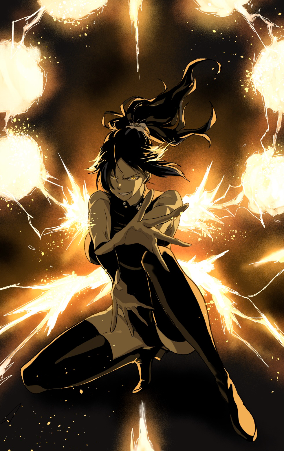 nil note0, shihouin yoruichi, bleach, bleach: sennen kessen-hen, commentary, commentary request, english commentary, highres, mixed-language commentary, 1girl, :d, backlighting, bare shoulders, black arm warmers, black hair, black leotard, black thighhighs, dark-skinned female, dark skin, electricity, electrokinesis, fighting stance, floating hair, full body, glowing, glowing eyes, gluteal fold, grin, highleg, highleg leotard, incoming attack, leotard, limited palette, long hair, looking at viewer, open mouth, outstretched arms, outstretched hand, parted bangs, ponytail, smile, solo, squatting, thighhighs, thighs, tsurime, v-shaped eyebrows, yellow eyes