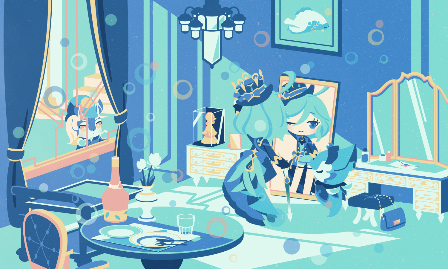 cobalta, furina (genshin impact), genshin impact, character counter request, character request, 1girl, ahoge, bag, black hat, blue eyes, blue hair, chair, chibi, chibi only, closed mouth, cup, curtains, drinking glass, flower, fork, hair between eyes, handbag, hat, indoors, long sleeves, looking at mirror, mirror, one eye closed, short hair, smile, standing, stool, table, vase, window