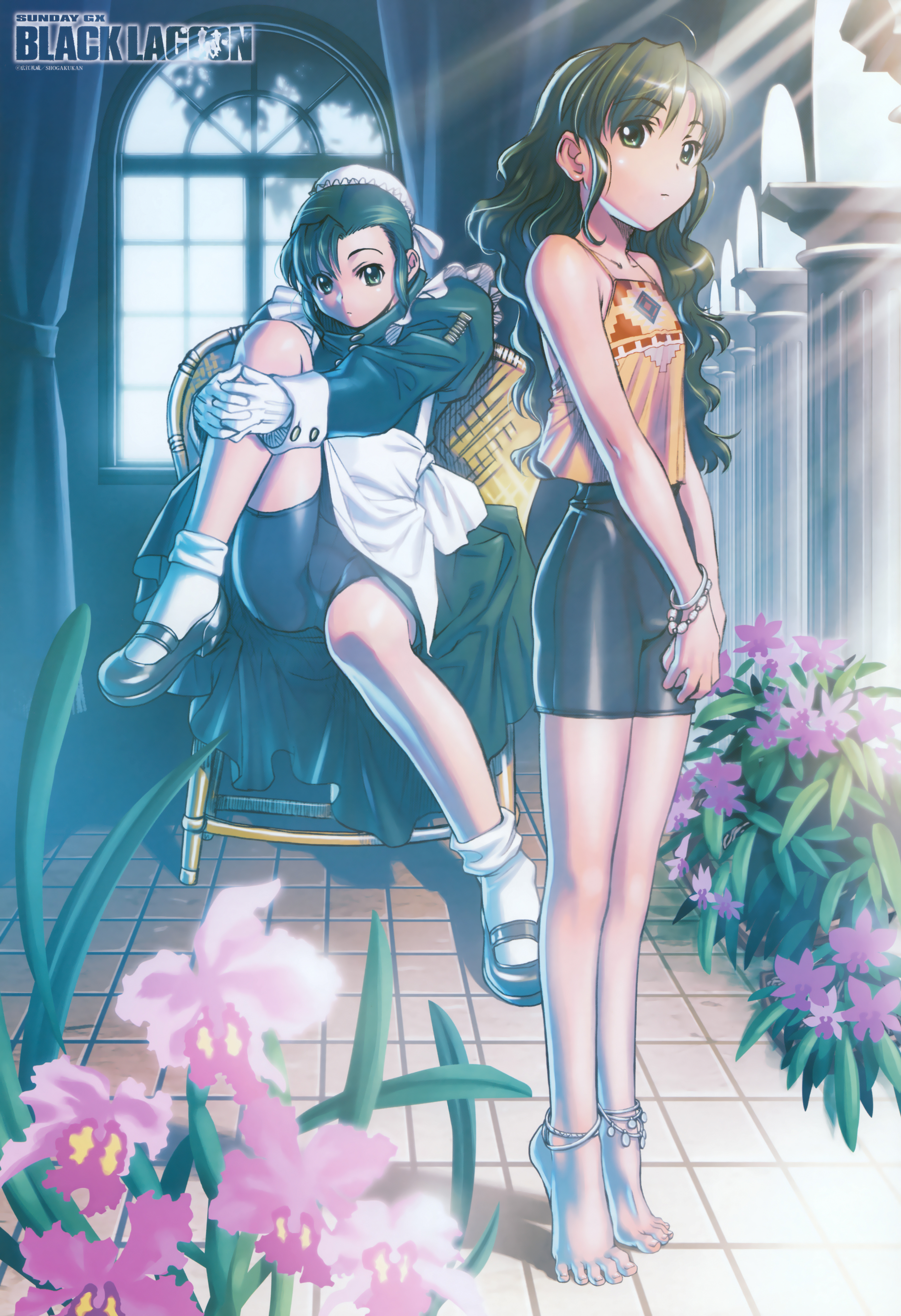 hiroe rei, fabiola iglesias, black lagoon, absurdres, highres, official art, 00s, 2girls, anklet, barefoot, bike shorts, blush, bracelet, cameltoe, column, dual persona, feet, flat chest, gloves, hugging own legs, jewelry, leg up, long hair, maid, mary janes, multiple girls, own hands clasped, own hands together, pillar, shoes, short hair, skirt, socks, spandex, spread toes, tiptoes, toes