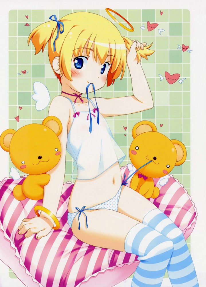striped legwear, angel, blonde hair, blue eyes, blush, camisole, flat chest, loli, panties, see-through clothes, short hair, side-tie panties, thighhighs, twintails, underwear, wings