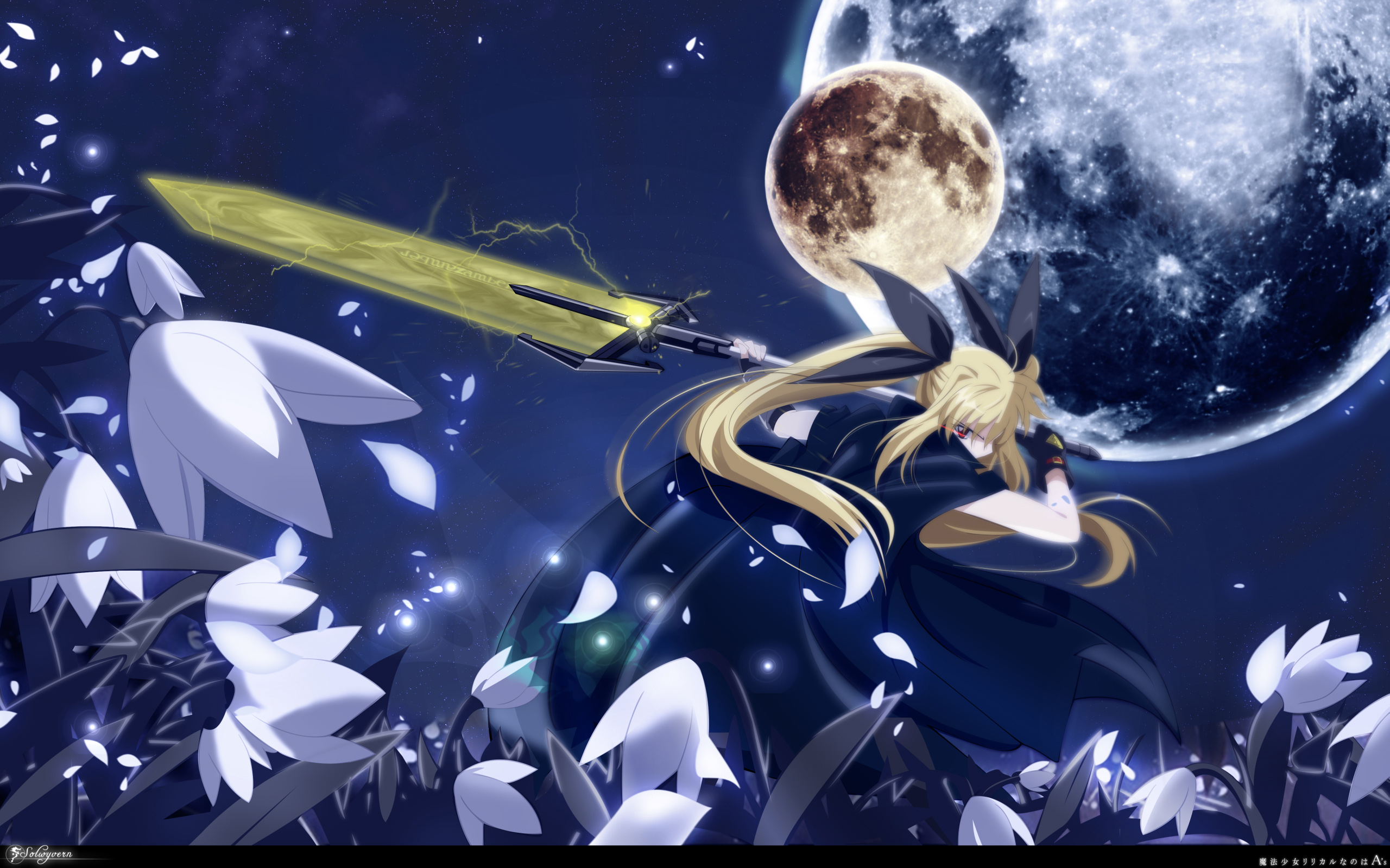 fate testarossa, highres, cape, long hair, sword, twintails, weapon