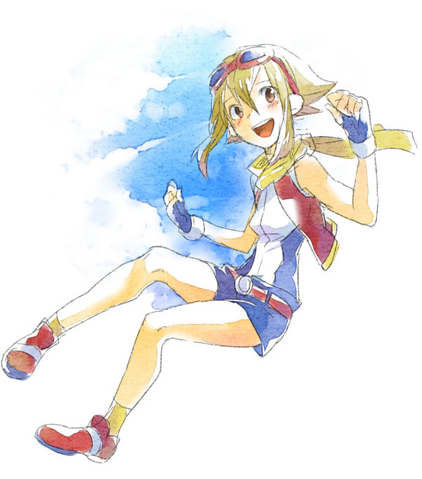 toudou charo, summer (pokemon), nintendo, pokemon, pokemon ranger: guardian signs, pokemon ranger (series), 1girl, :d, blue gloves, blue shorts, blush, brown eyes, brown hair, fingerless gloves, gloves, goggles, goggles on head, long hair, looking at viewer, open mouth, red shoes, scarf, shirt, shoes, shorts, sketch, sleeveless, sleeveless shirt, smile, solo, teeth, upper teeth only, white shirt, yellow scarf