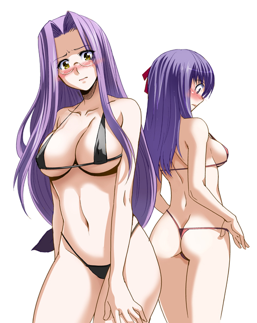 inue shinsuke, matou sakura, medusa (fate), medusa (rider) (fate), fate/stay night, fate (series), 00s, 2girls, ass, bikini, blush, bow, breasts, butt crack, cleavage, embarrassed, glasses, large breasts, long hair, micro bikini, multiple girls, navel, panties, purple hair, sideboob, square pupils, swimsuit, thong, thong bikini, underwear