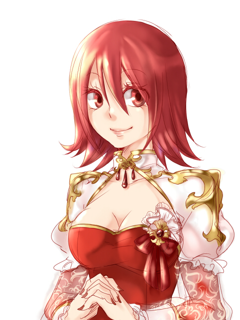 love morocc, arch bishop (ragnarok online), ragnarok online, commentary request, 1girl, breasts, cleavage, cleavage cutout, closed mouth, clothing cutout, cross, dress, fingernails, interlocked fingers, juliet sleeves, lips, long sleeves, looking at viewer, medium breasts, own hands together, puffy sleeves, red dress, red eyes, red hair, red nails, short hair, simple background, smile, solo, two-tone dress, upper body, white background, white dress