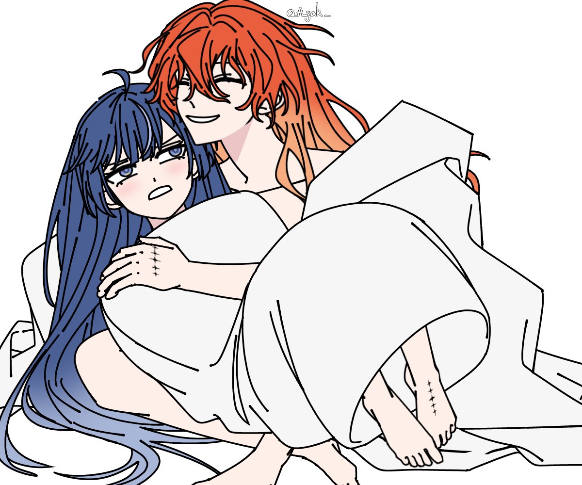 a jak, augusta (wuthering waves), iuno (wuthering waves), wuthering waves, 2girls, blue eyes, blue hair, closed eyes, cuddling, long hair, multiple girls, open mouth, red hair, shared blanket, simple background, smile, tacet mark (wuthering waves), twitter username, under covers, white background, yuri