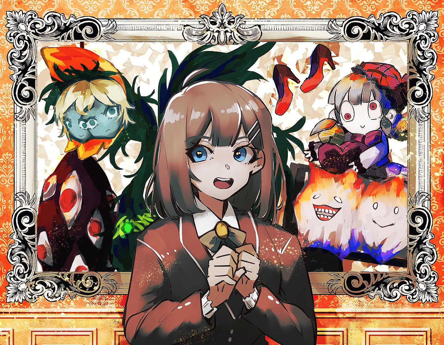nakame77, dream of a black swan, hod (project moon), laetitia (project moon), the red shoes (project moon), today's shy look, library of ruina, project moon, highres, 1girl, ahoge, blue eyes, border, bow, bowtie, brown coat, brown hair, coat, collared shirt, green bow, green bowtie, hair ornament, hairclip, long sleeves, looking at viewer, open mouth, orange border, picture frame, shirt, simple background, solo, spider bud, upper body, white shirt